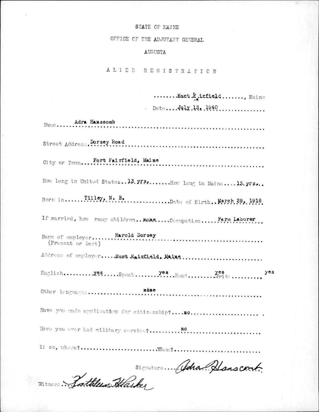 Miniature of Alien Registration- Hanscomb, Adra (Fort Fairfield, Aroostook County)
