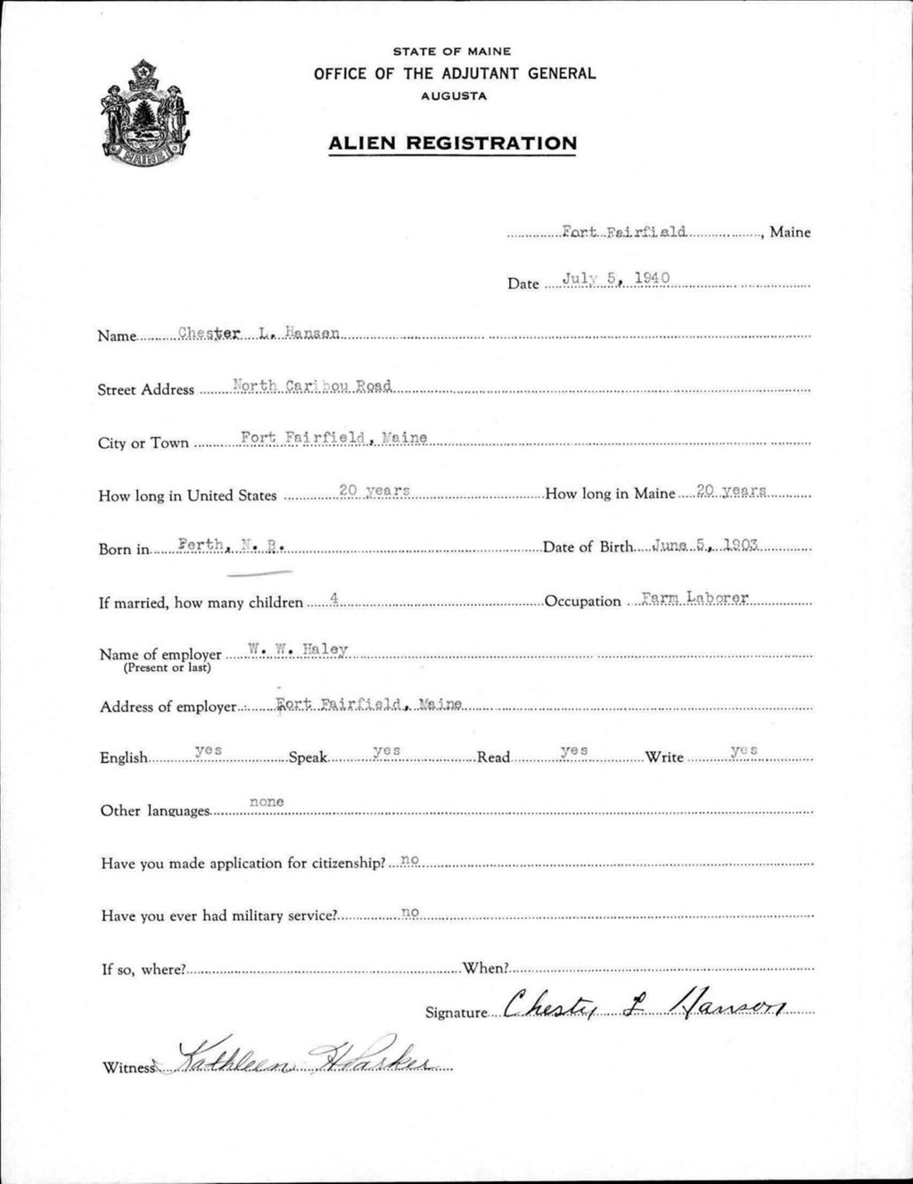 Miniature of Alien Registration- Hansen, Chester L. (Fort Fairfield, Aroostook County)