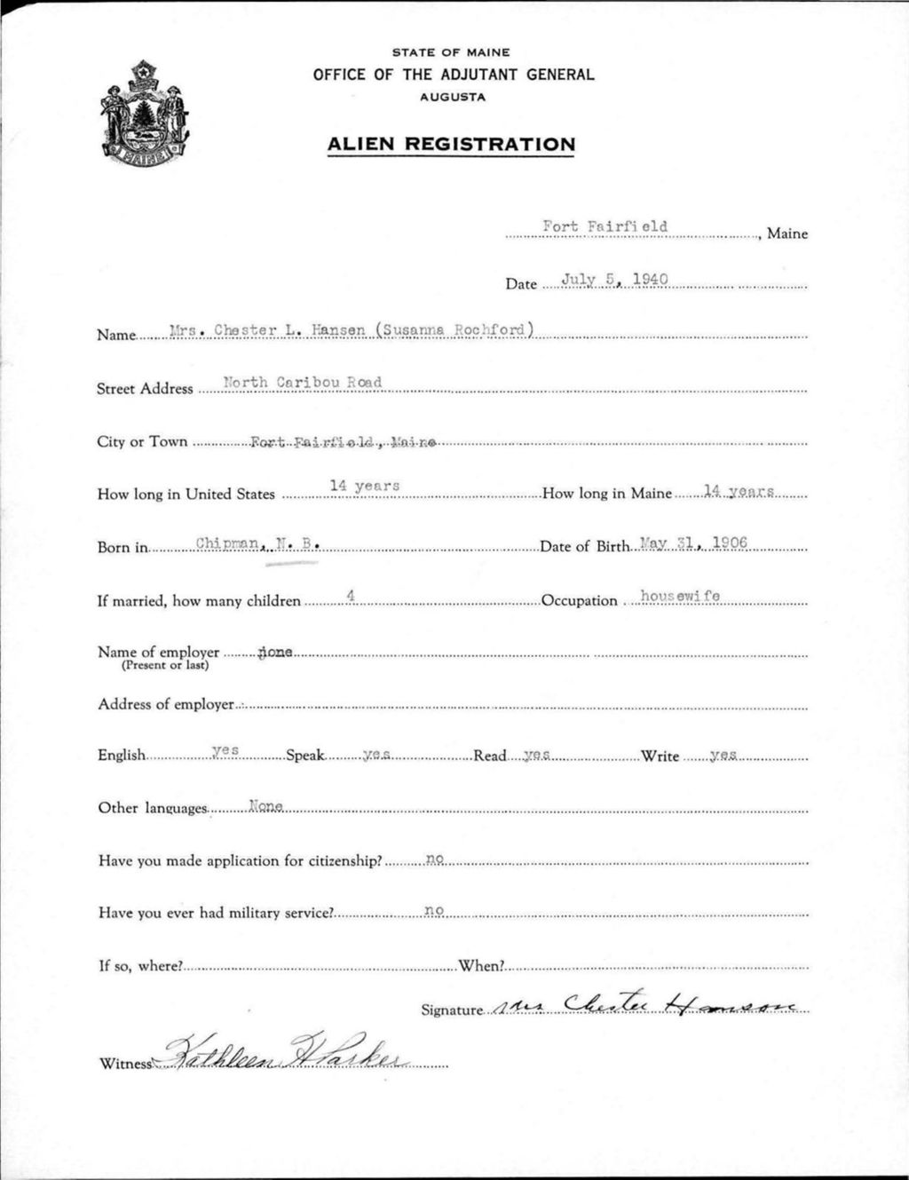 Miniature of Alien Registration- Rochford, Susanna (Fort Fairfield, Aroostook County)