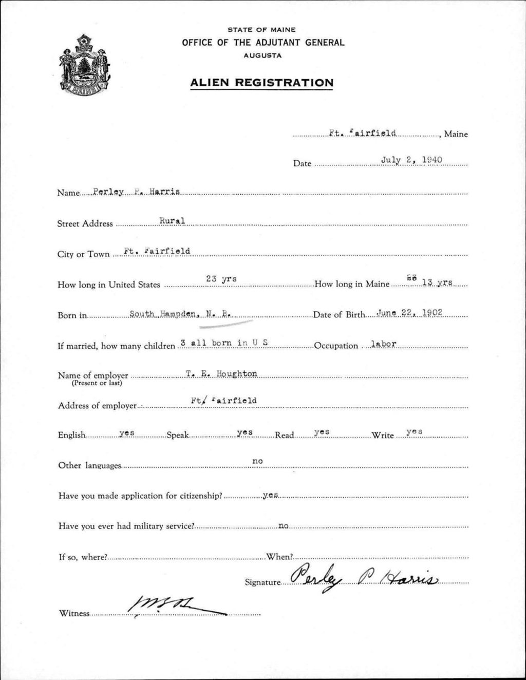 Miniature of Alien Registration- Harris, Perley P. (Fort Fairfield, Aroostook County)