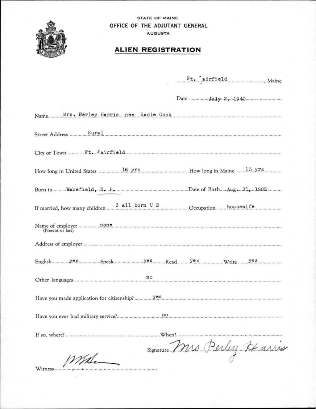 Miniature of Alien Registration- Cook, Sadie (Fort Fairfield, Aroostook County)