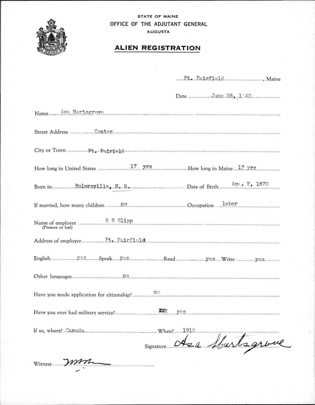 Miniature of Alien Registration- Hartgrove, Asa (Fort Fairfield, Aroostook County)