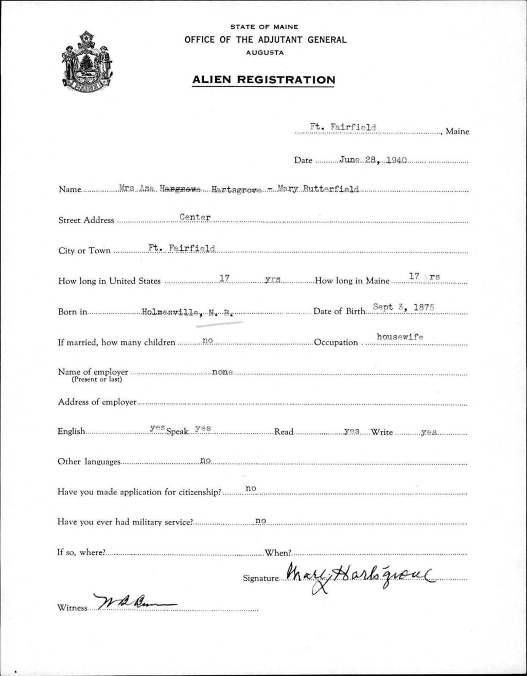 Miniature of Alien Registration- Butterfield, Mary (Fort Fairfield, Aroostook County)