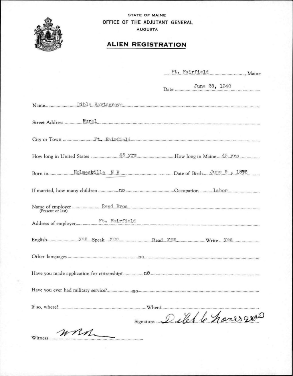 Miniature of Alien Registration- Hartsgrove, Dible (Fort Fairfield, Aroostook County)