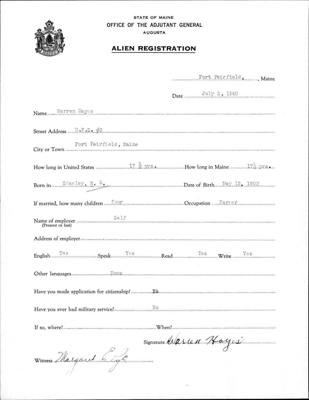 Miniature of Alien Registration- Hayes, Warren (Fort Fairfield, Aroostook County)