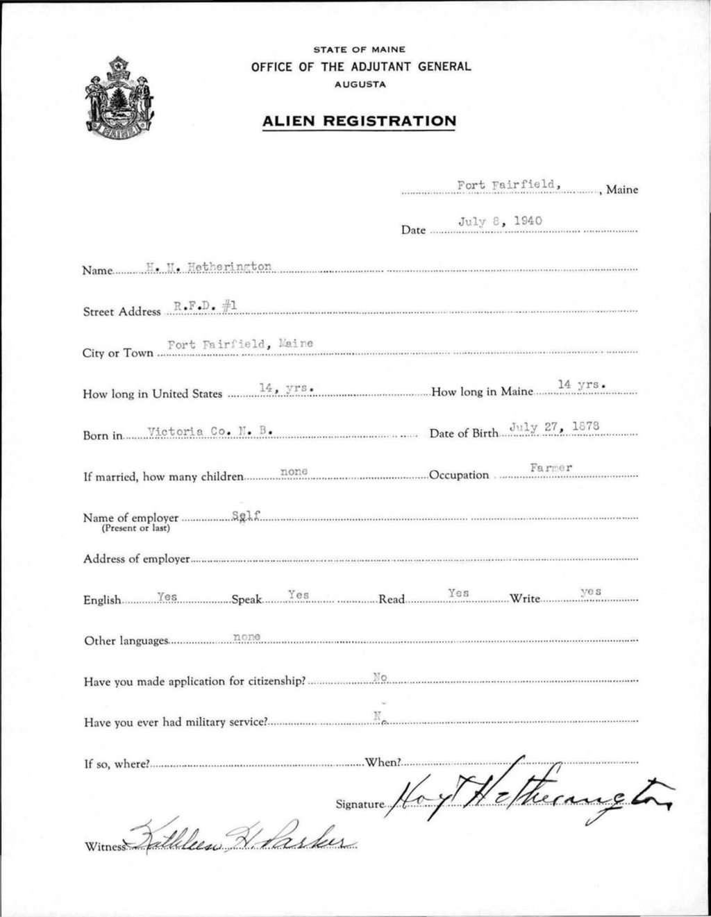 Miniature of Alien Registration- Hetherington, H H. (Fort Fairfield, Aroostook County)