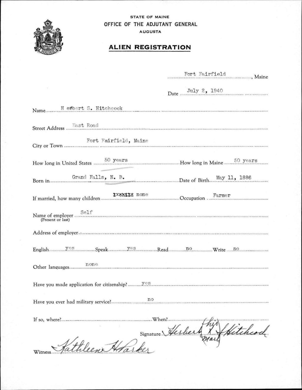 Miniature of Alien Registration- Hitchcock, Herbert (Fort Fairfield, Aroostook County)