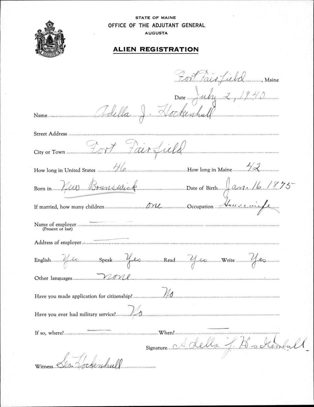 Miniature of Alien Registration- Hockenhull, Adella J. (Fort Fairfield, Aroostook County)