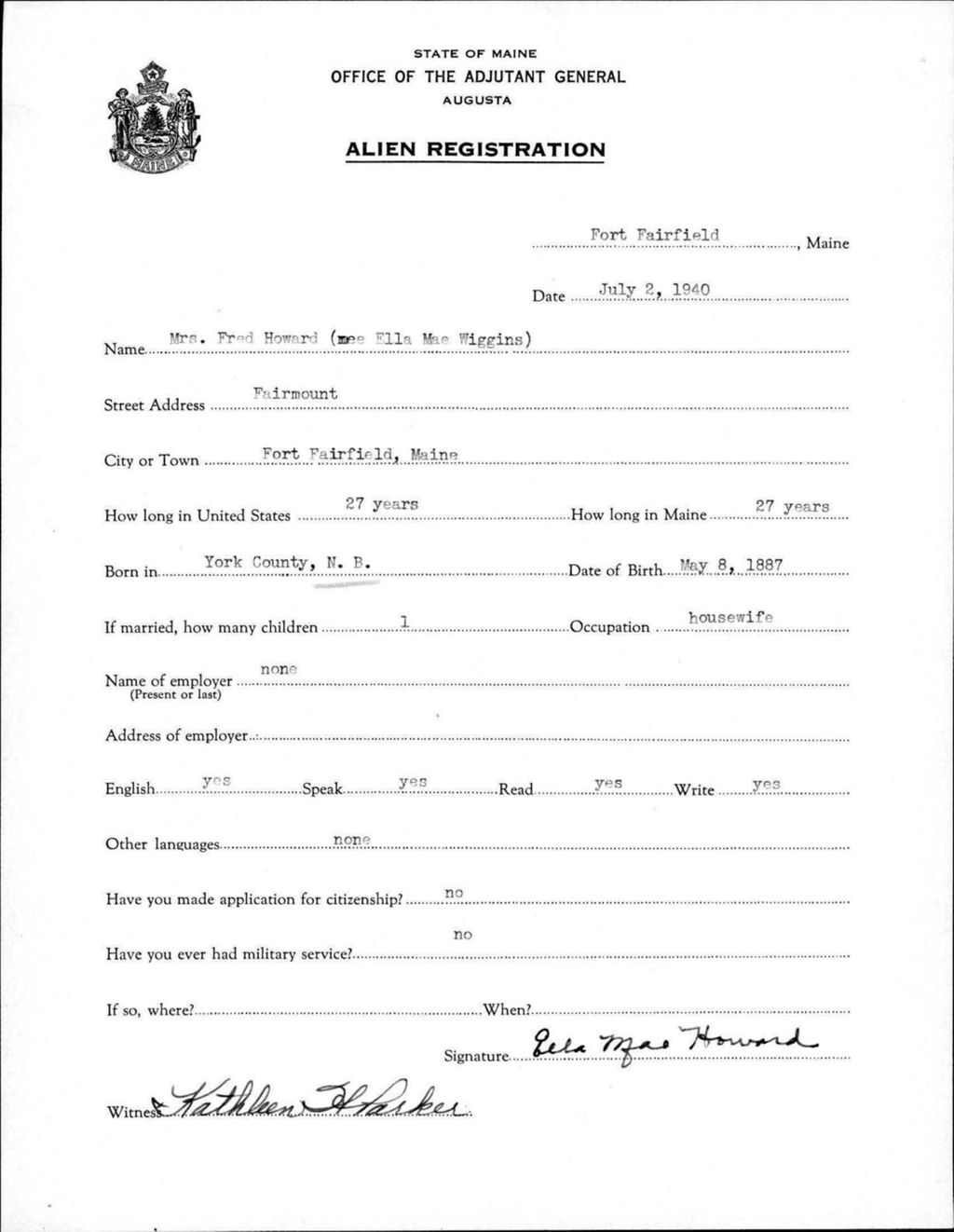 Miniature of Alien Registration- Higgins, Ella M. (Fort Fairfield, Aroostook County)