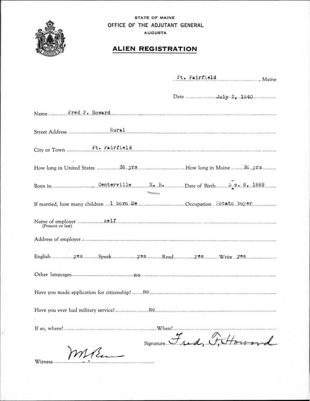 Miniature of Alien Registration- Howard, Fred F. (Fort Fairfield, Aroostook County)