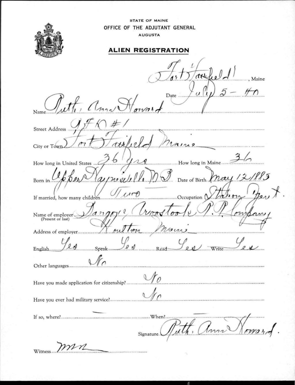 Miniature of Alien Registration- Howard, Ruth A. (Fort Fairfield, Aroostook County)