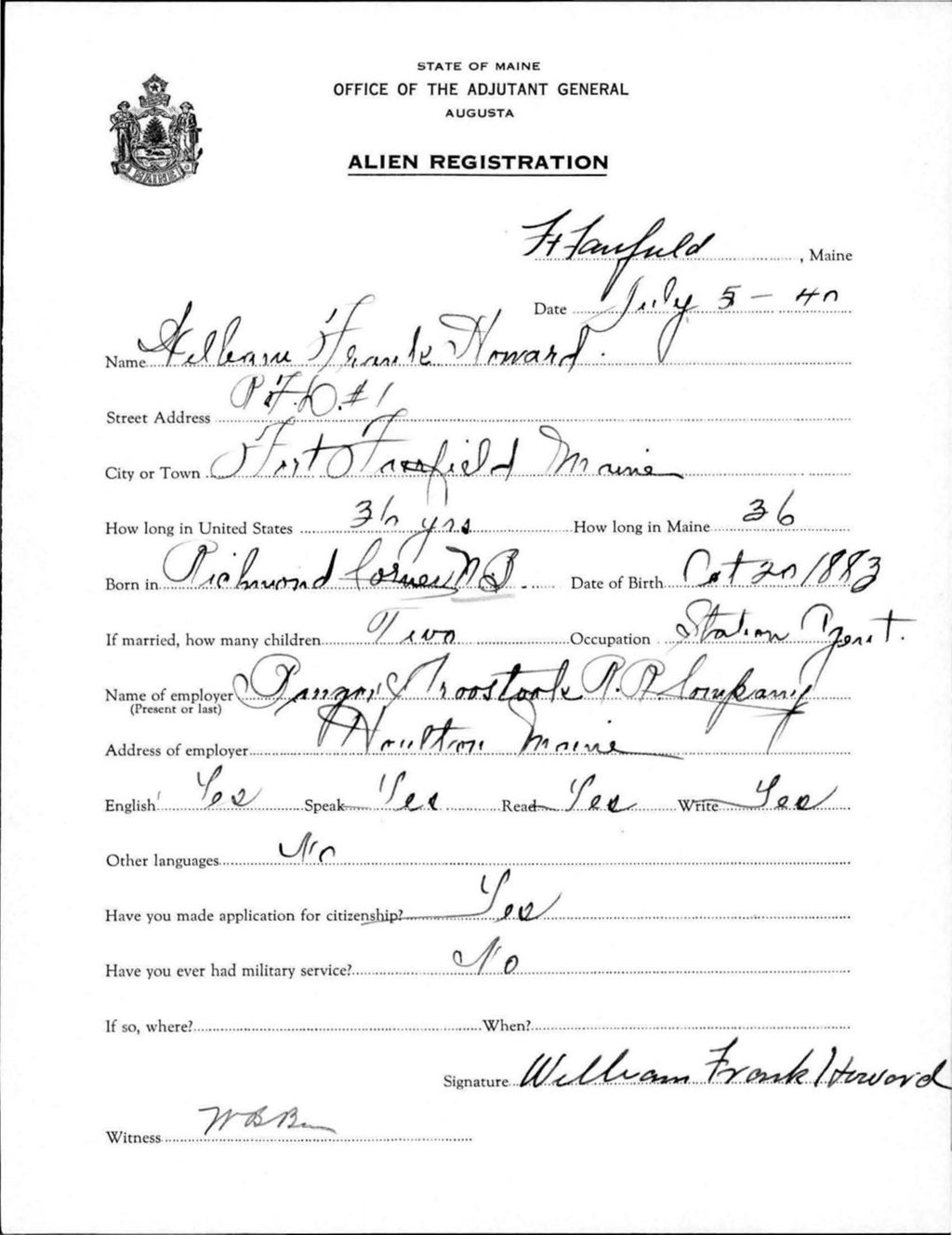 Miniature of Alien Registration- Howard, William F. (Fort Fairfield, Aroostook County)