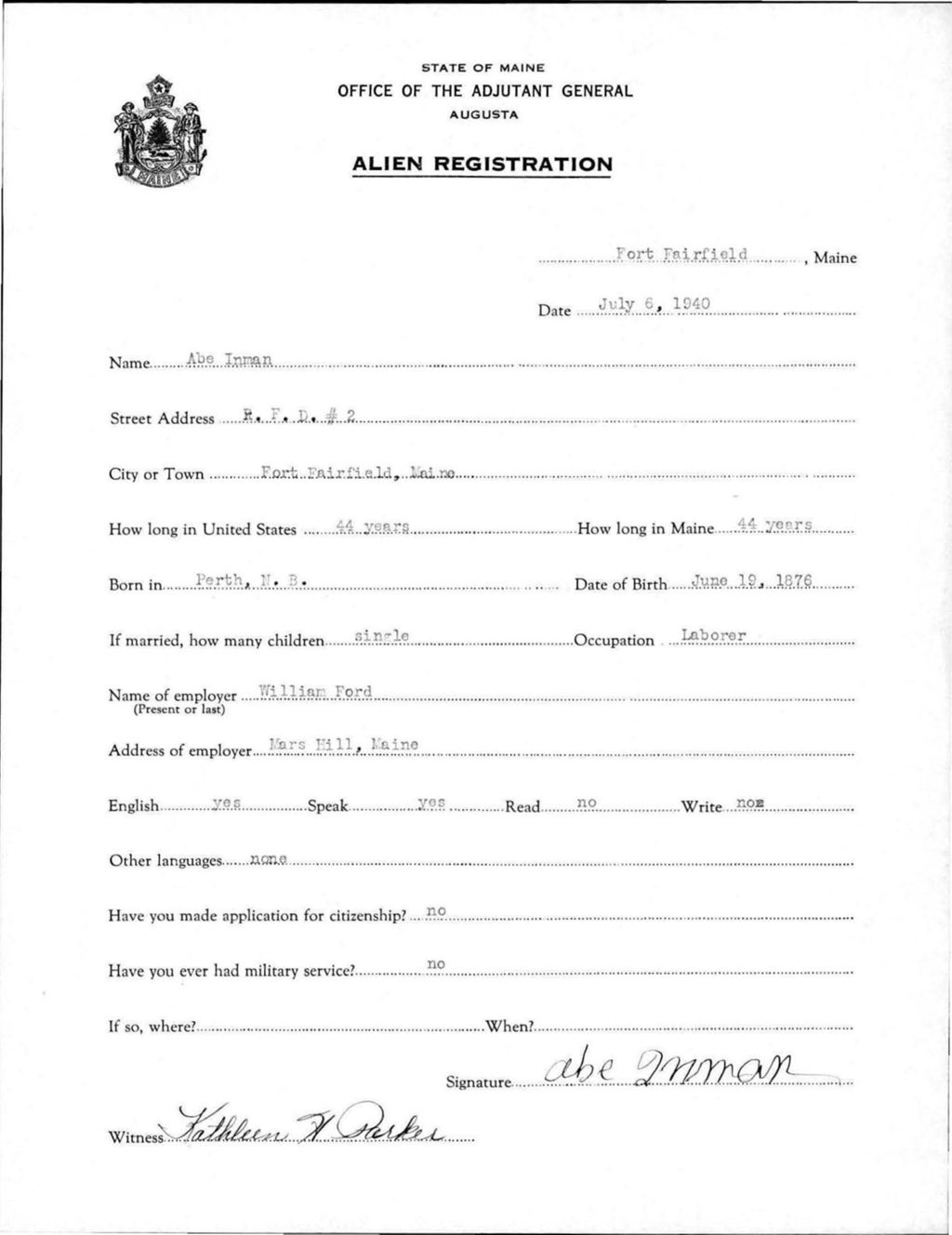 Miniature of Alien Registration- Inman, Abe (Fort Fairfield, Aroostook County)