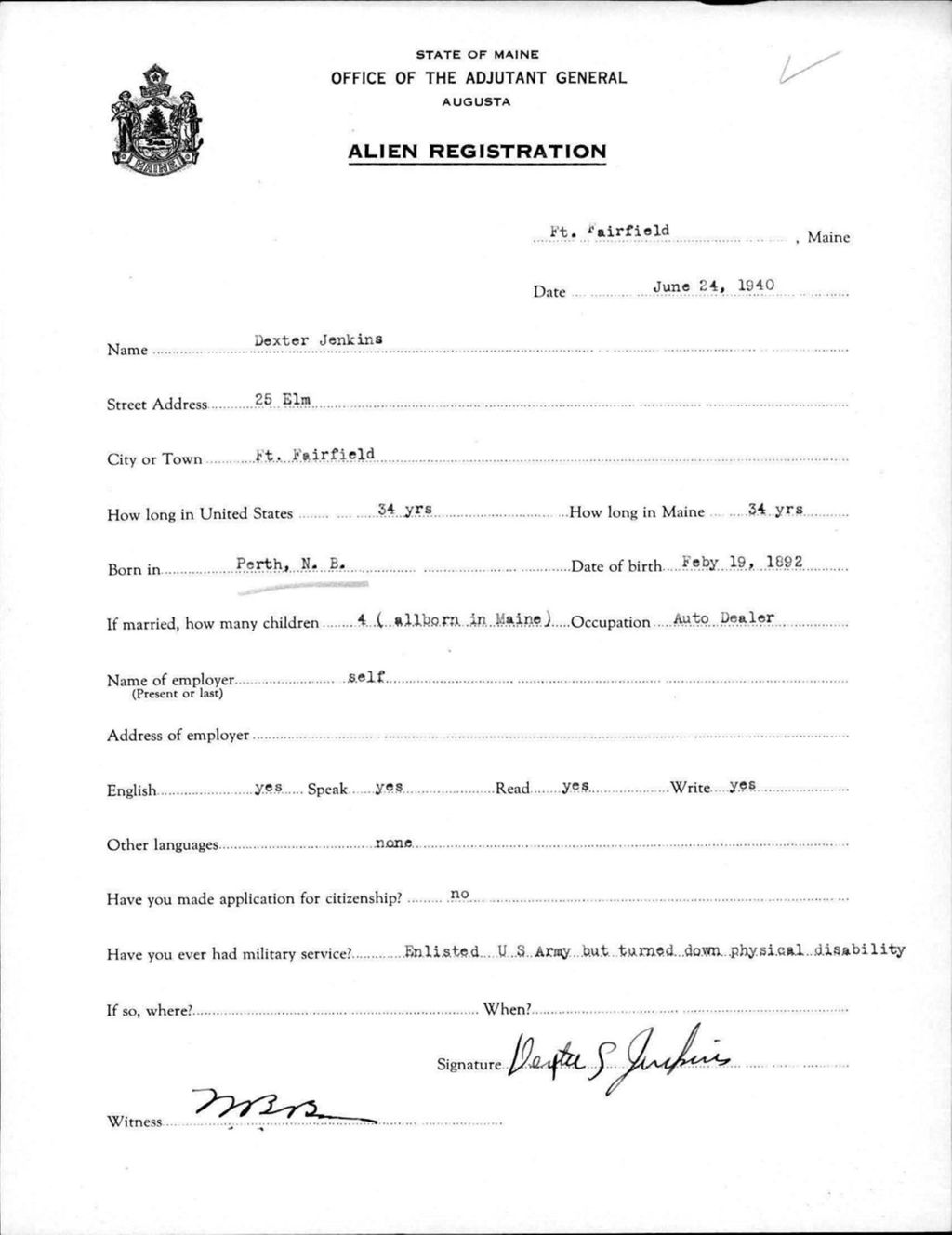 Miniature of Alien Registration- Jenkins, Dexter (Fort Fairfield, Aroostook County)