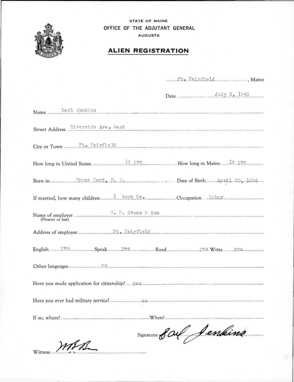 Miniature of Alien Registration- Jenkins, Earl (Fort Fairfield, Aroostook County)