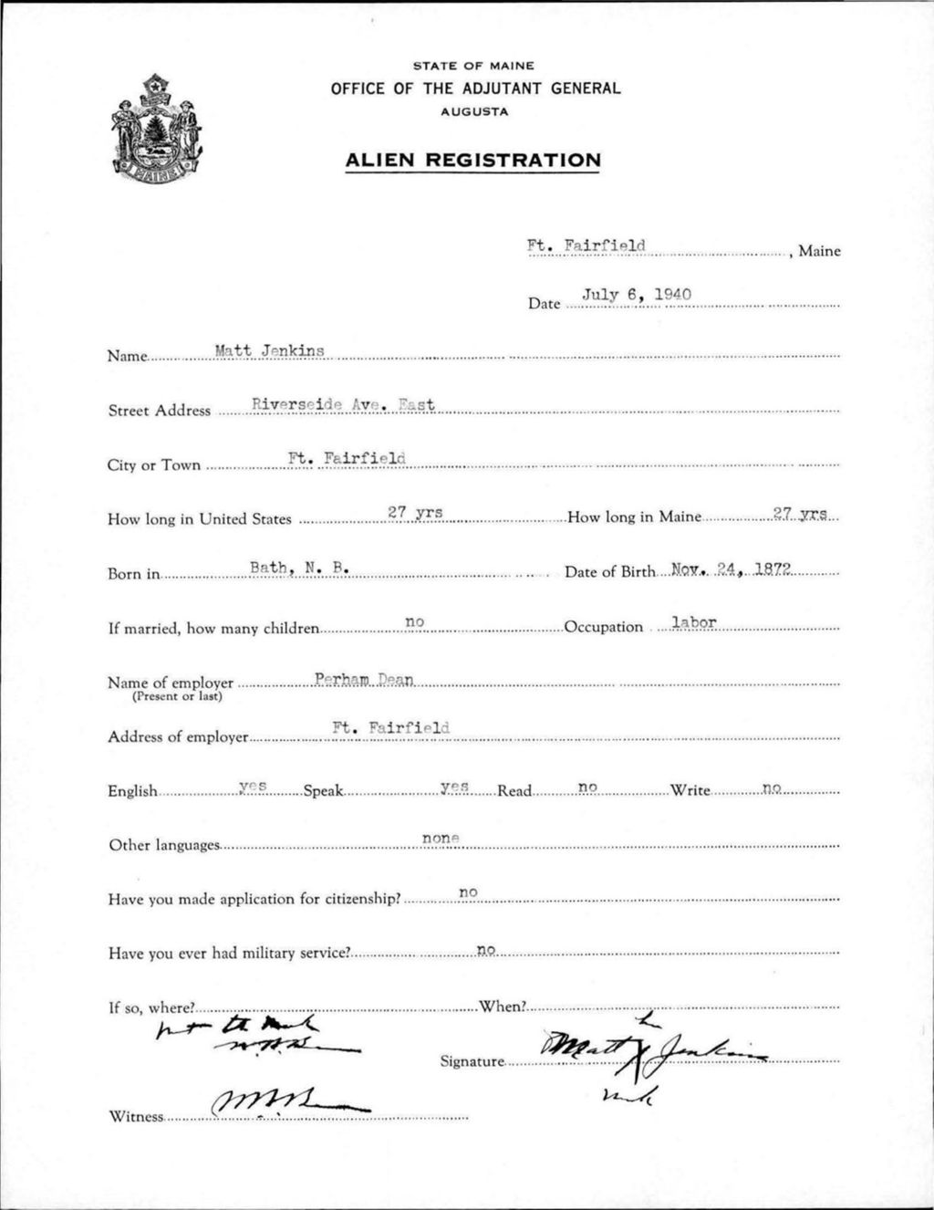 Miniature of Alien Registration- Jenkins, Matt (Fort Fairfield, Aroostook County)