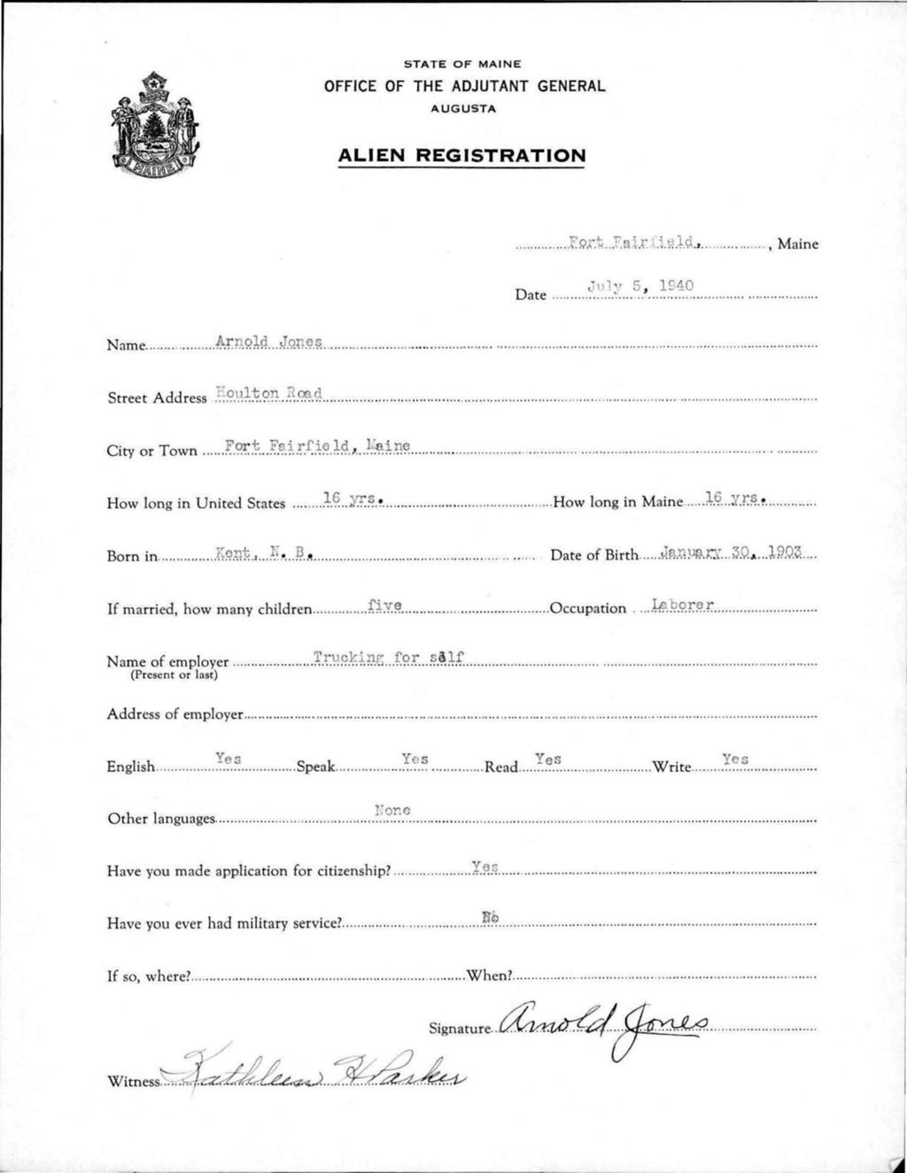 Miniature of Alien Registration- Jones, Arnold (Fort Fairfield, Aroostook County)