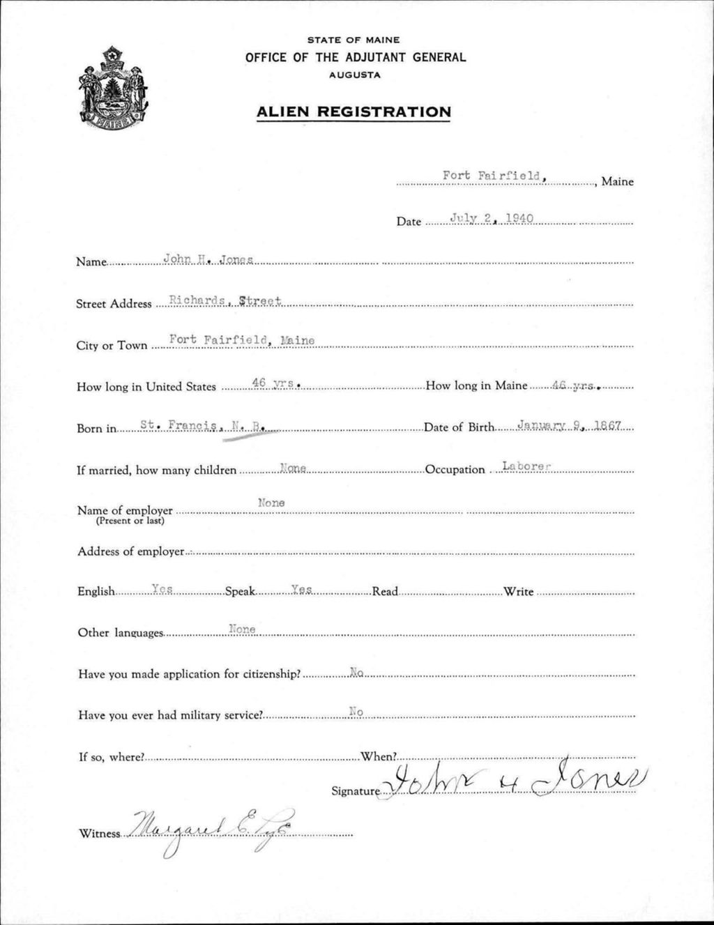 Miniature of Alien Registration- Jones, John H. (Fort Fairfield, Aroostook County)