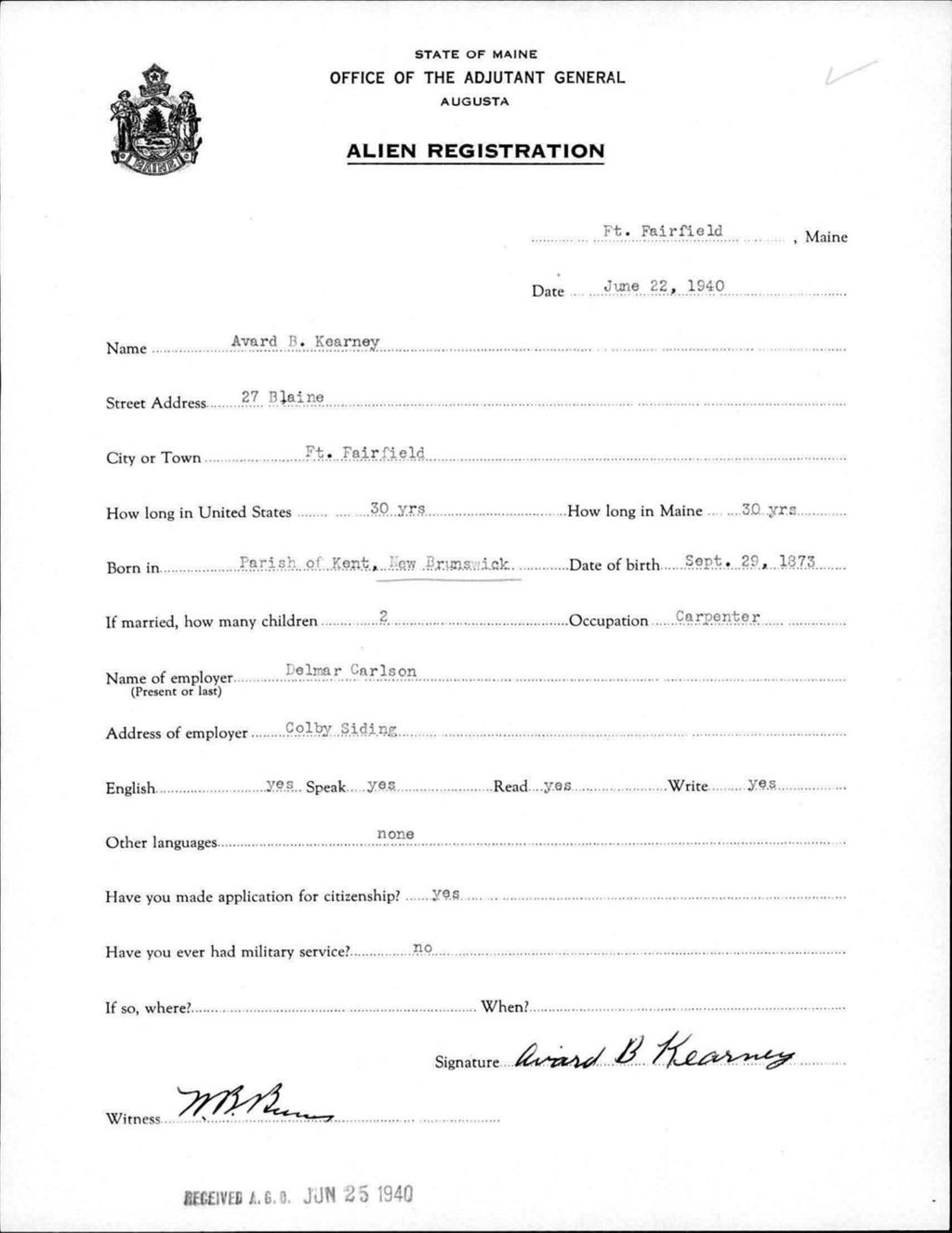 Miniature of Alien Registration- Kearney, Avard B. (Fort Fairfield, Aroostook County)