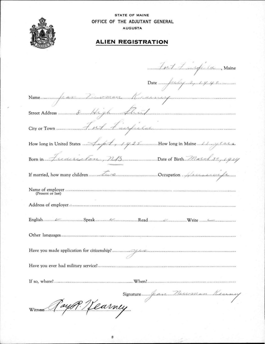 Miniature of Alien Registration- Kearney, Jean N. (Fort Fairfield, Aroostook County)