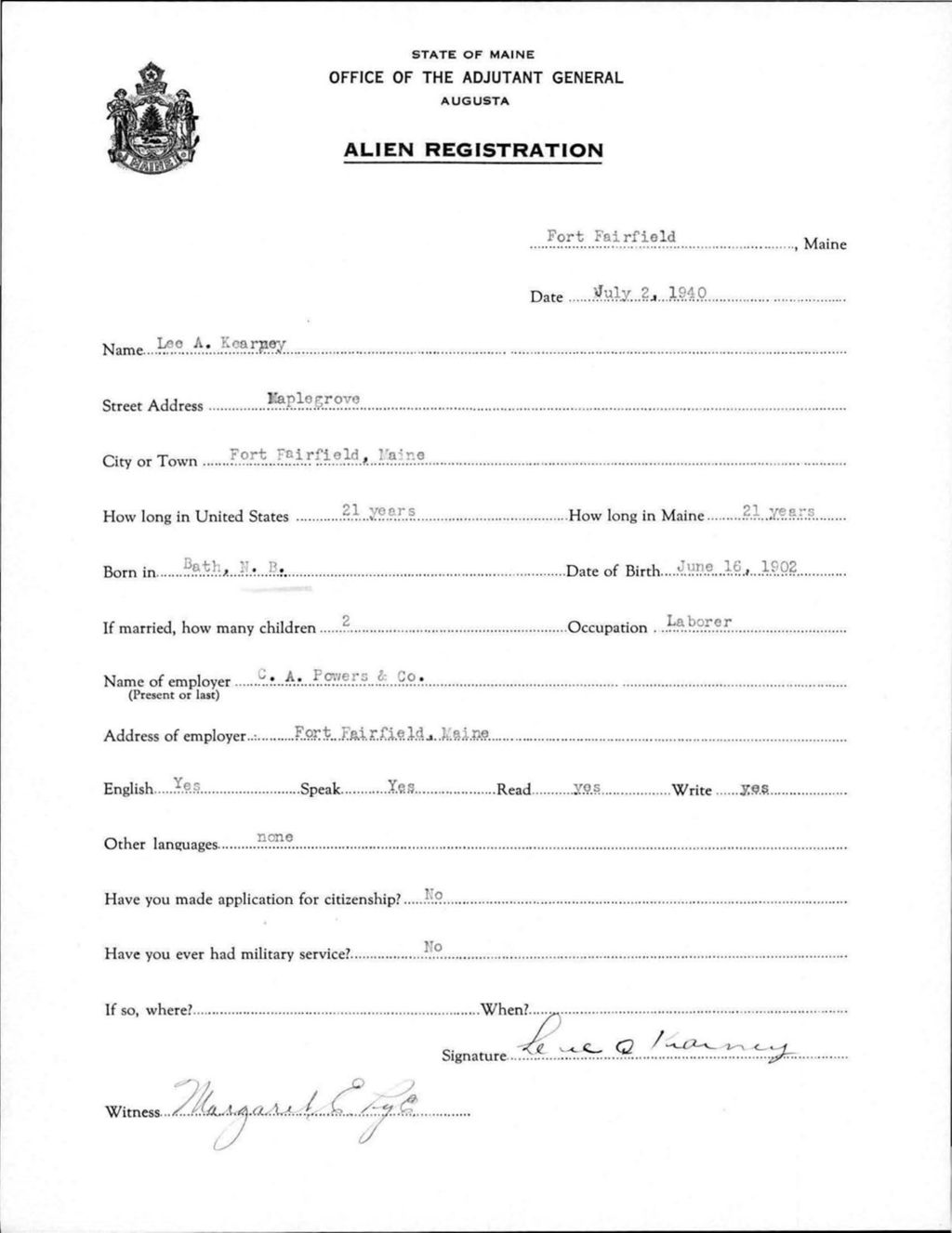 Miniature of Alien Registration- Kearney, Lee A. (Fort Fairfield, Aroostook County)
