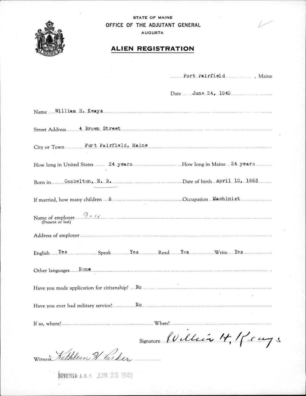 Miniature of Alien Registration- Keays, William H. (Fort Fairfield, Aroostook County)