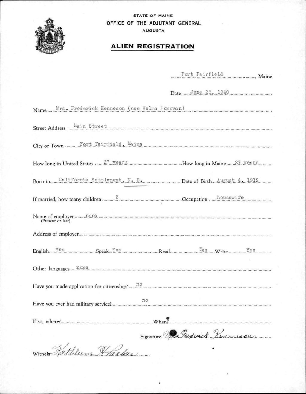 Miniature of Alien Registration- Donovan, Velma (Fort Fairfield, Aroostook County)
