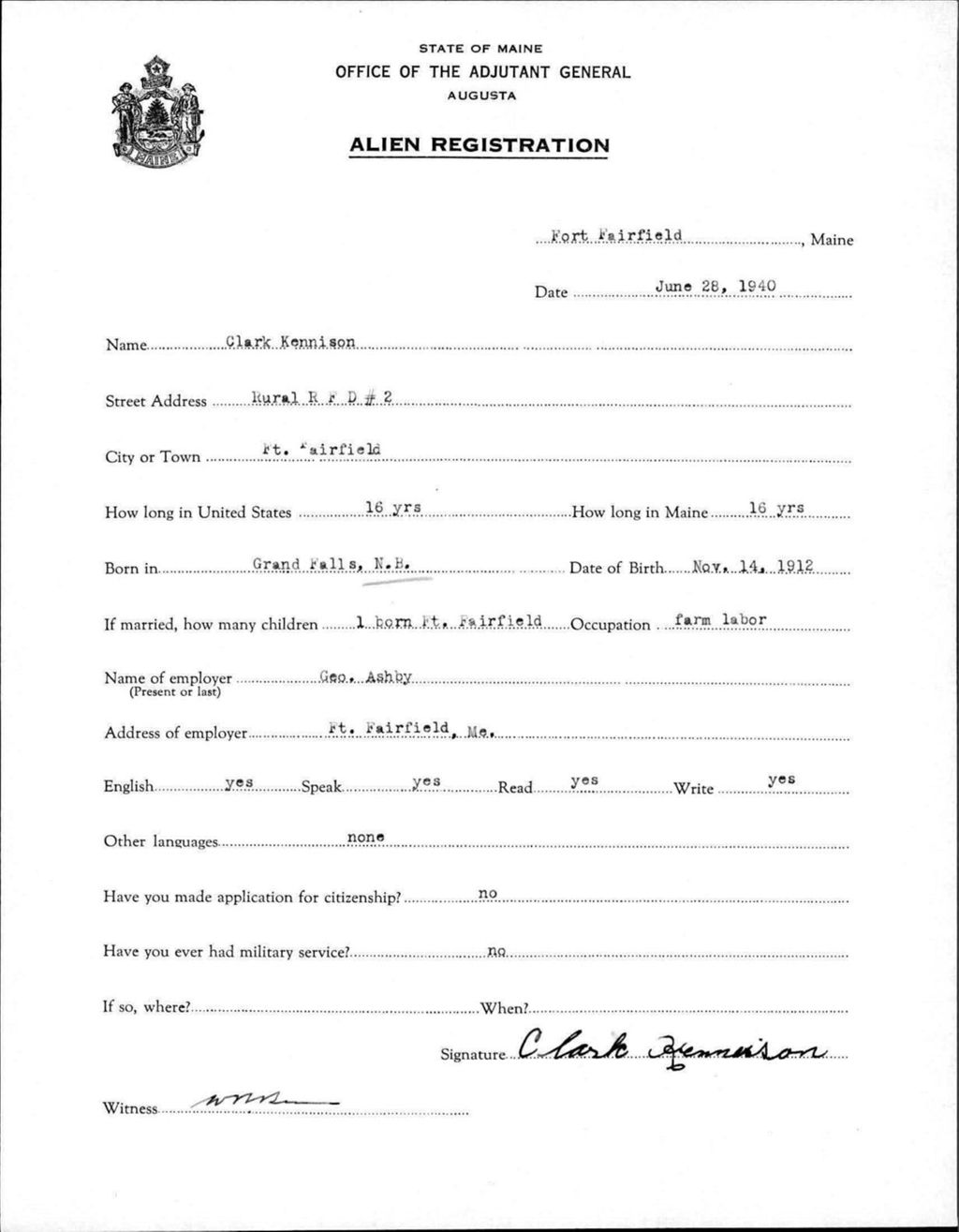 Miniature of Alien Registration- Kennison, Clark (Fort Fairfield, Aroostook County)