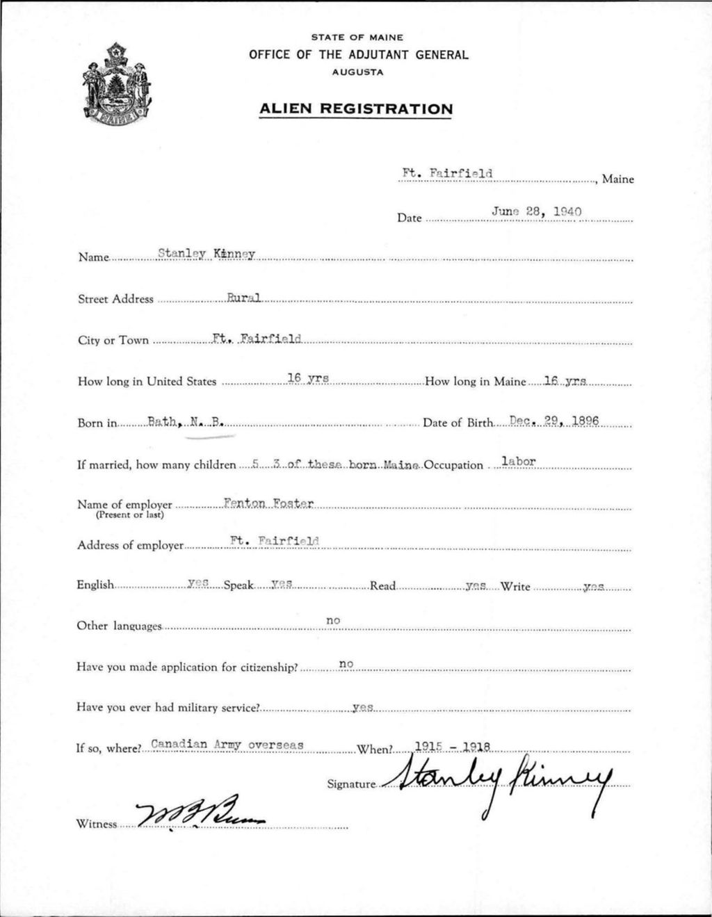 Miniature of Alien Registration- Kinney, Stanley (Fort Fairfield, Aroostook County)