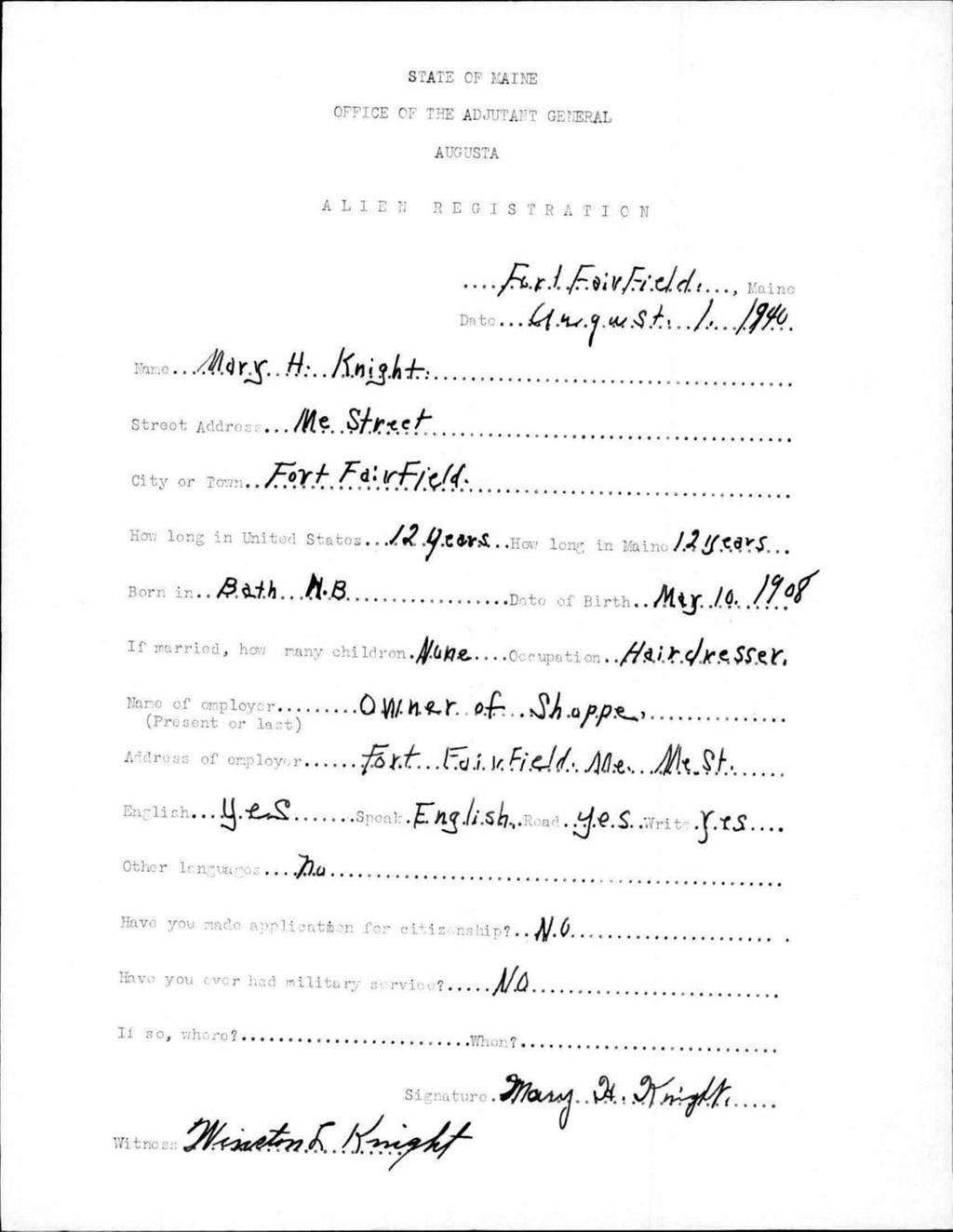 Miniature of Alien Registration- Knight, Mary H. (Fort Fairfield, Aroostook County)