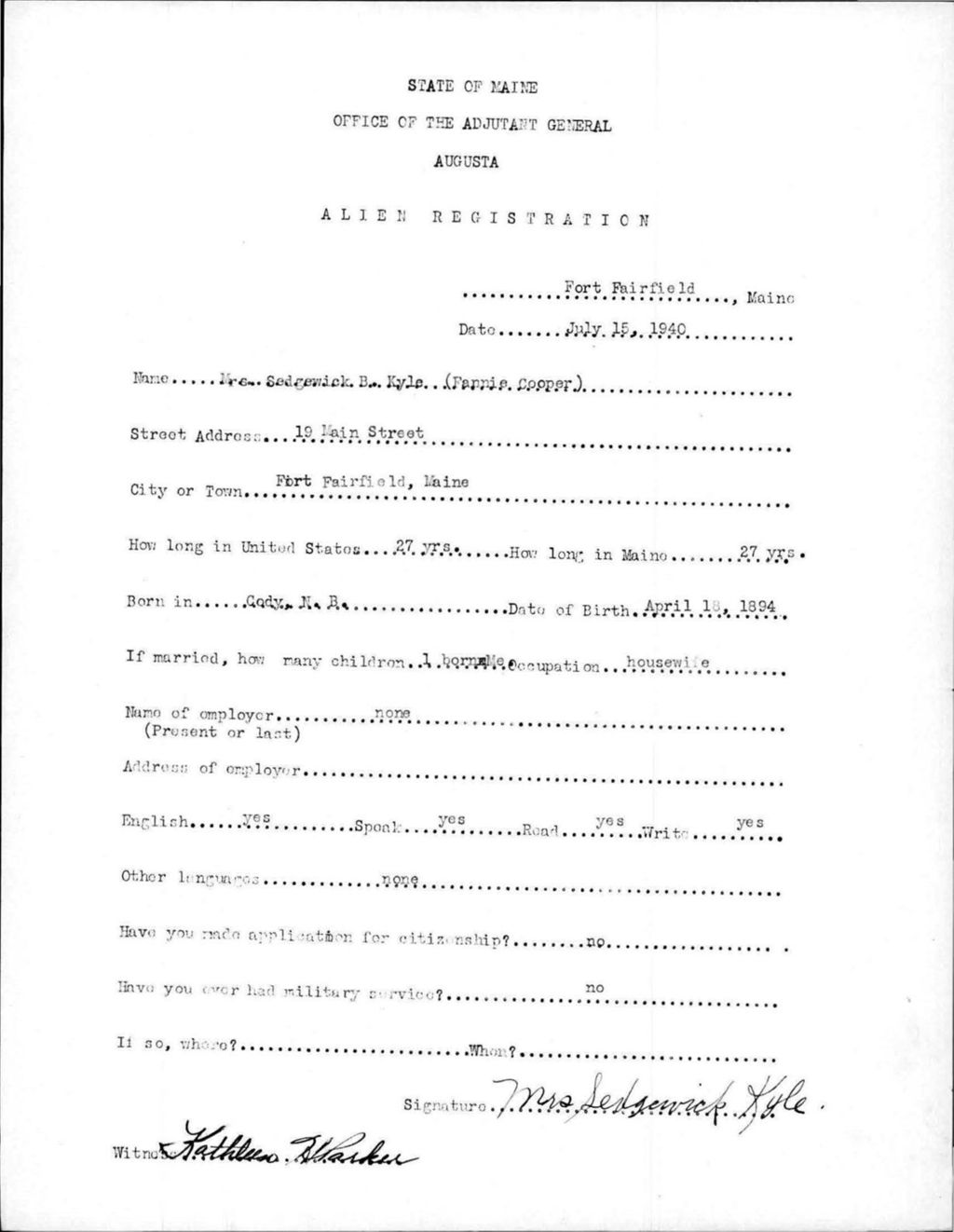Miniature of Alien Registration- Cooper, Fannie (Fort Fairfield, Aroostook County)