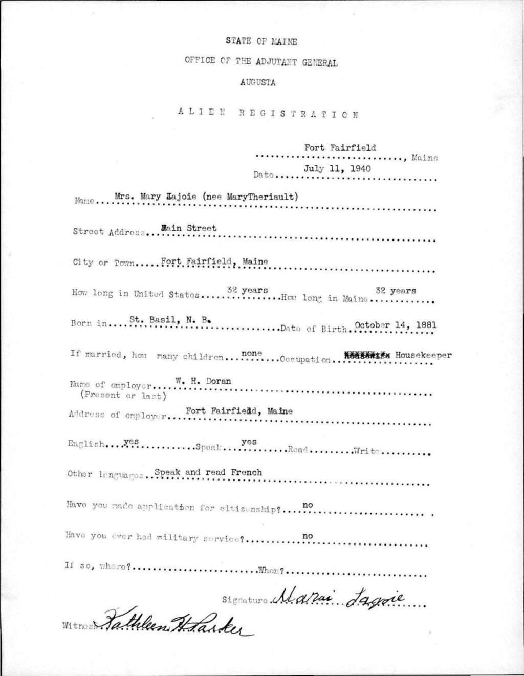 Miniature of Alien Registration- Theriault, Mary (Fort Fairfield, Aroostook County)
