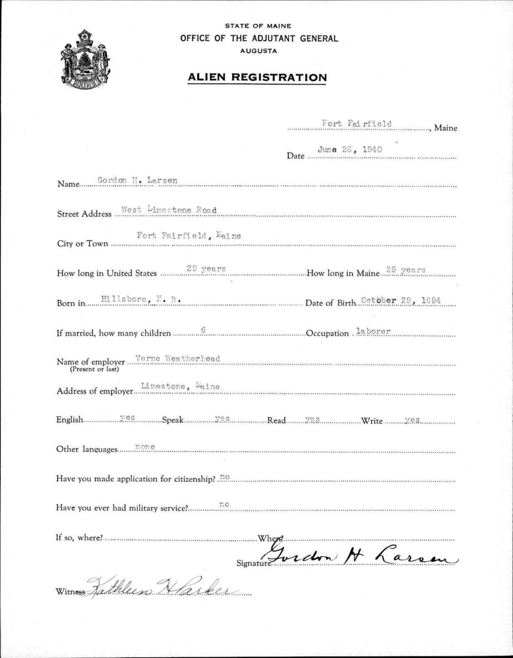Miniature of Alien Registration- Larsen, Gordon (Fort Fairfield, Aroostook County)