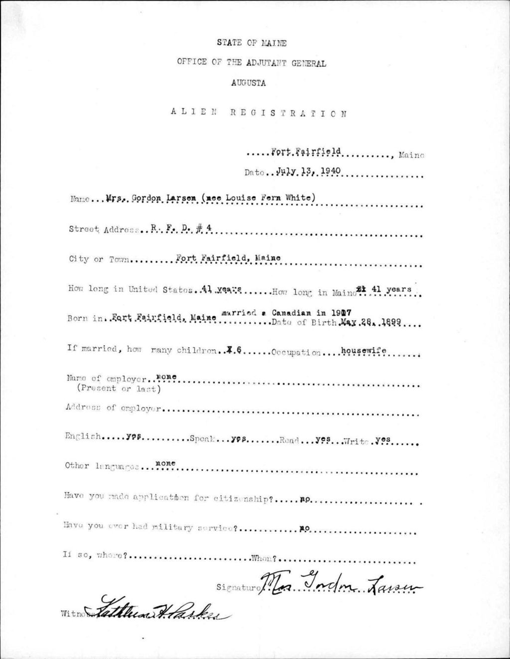 Miniature of Alien Registration- White, Louise F. (Fort Fairfield, Aroostook County)