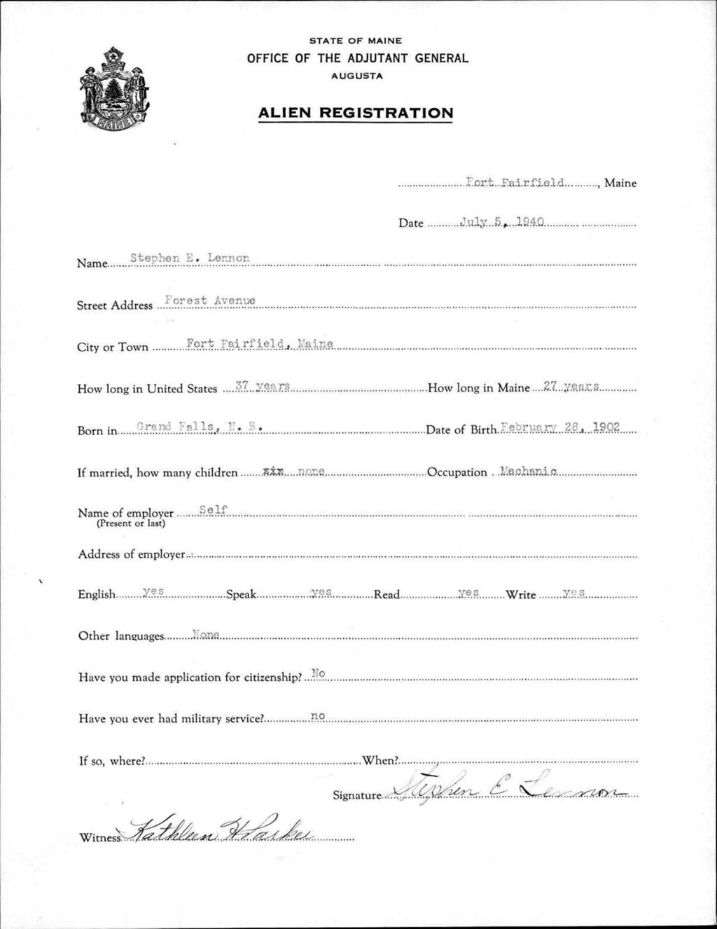 Miniature of Alien Registration- Lennon, Stephen E. (Fort Fairfield, Aroostook County)