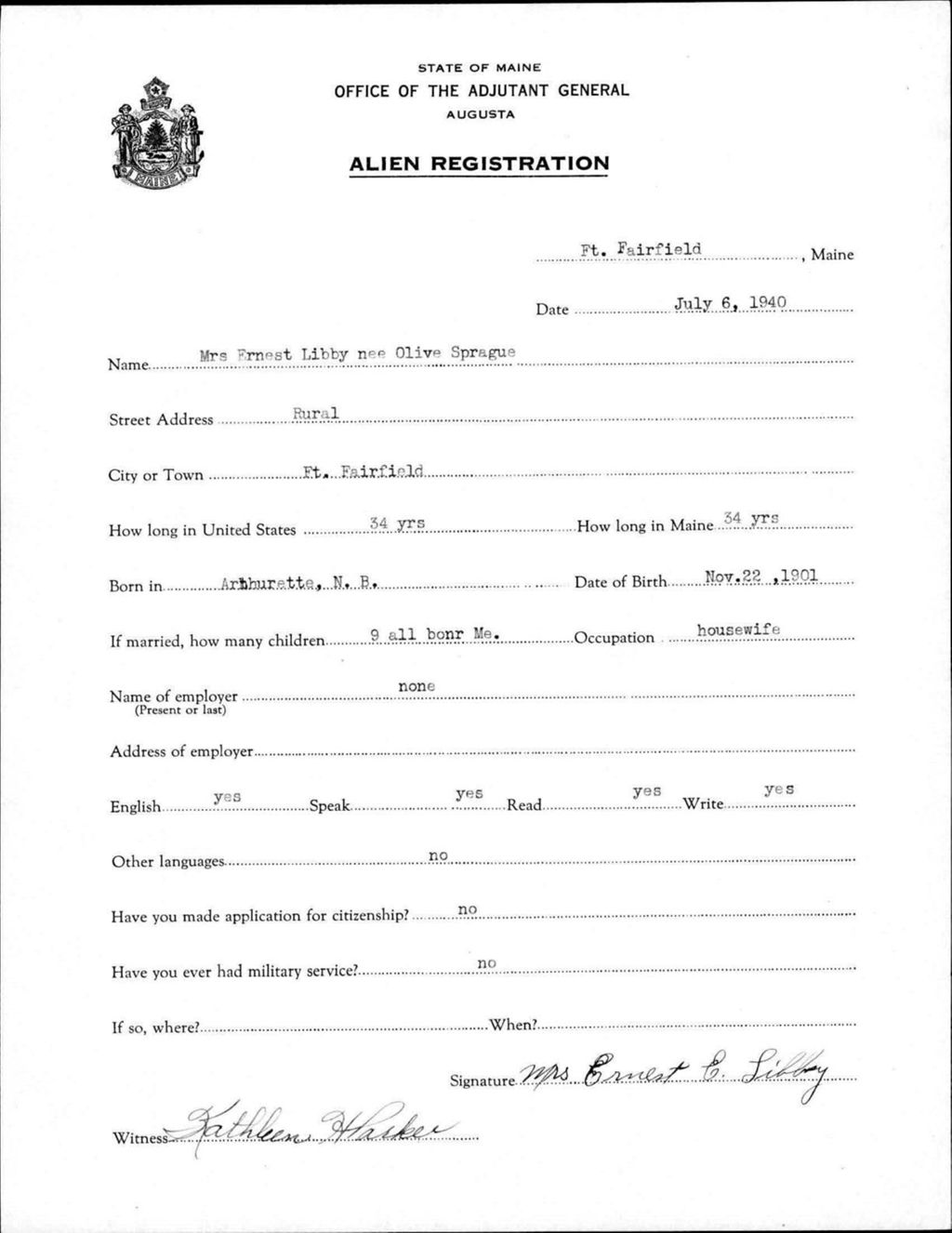 Miniature of Alien Registration- Sprague, Olive (Fort Fairfield, Aroostook County)