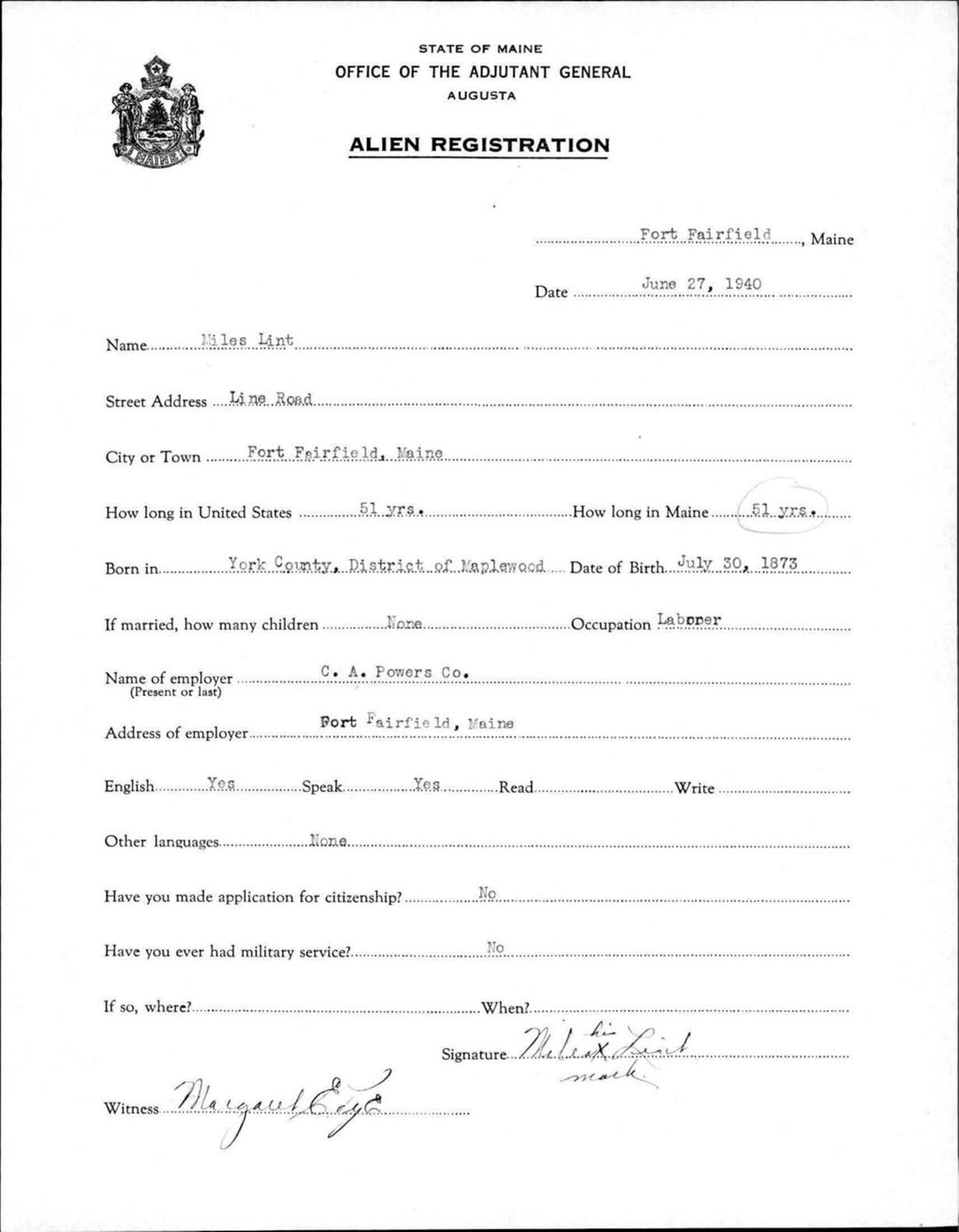 Miniature of Alien Registration- Lint, Niles (Fort Fairfield, Aroostook County)