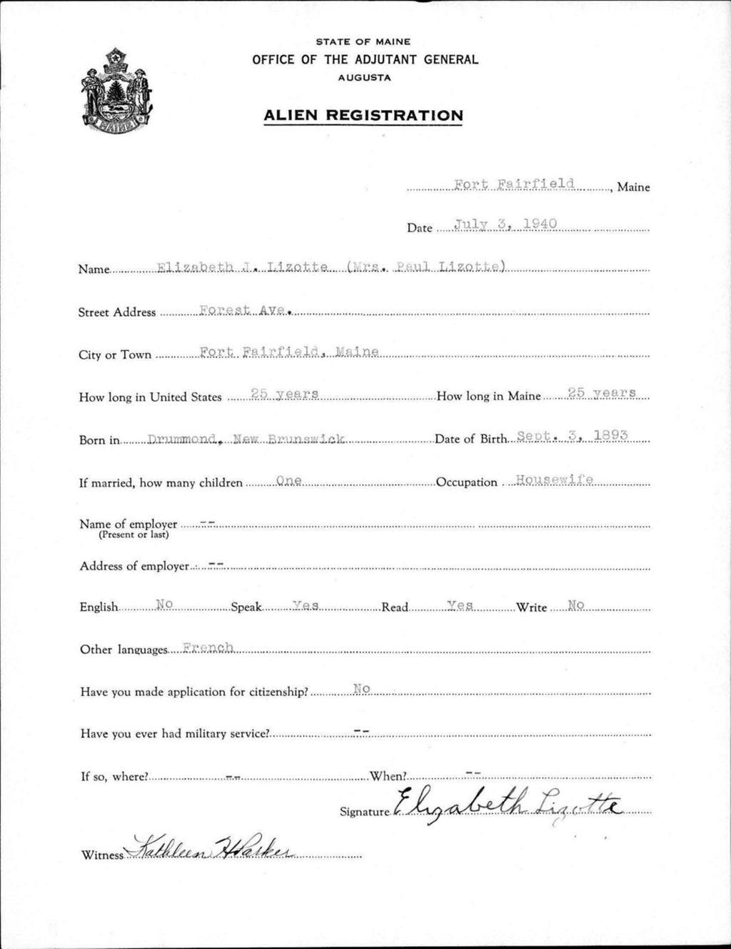 Miniature of Alien Registration- Lizotte, Elizabeth J. (Fort Fairfield, Aroostook County)