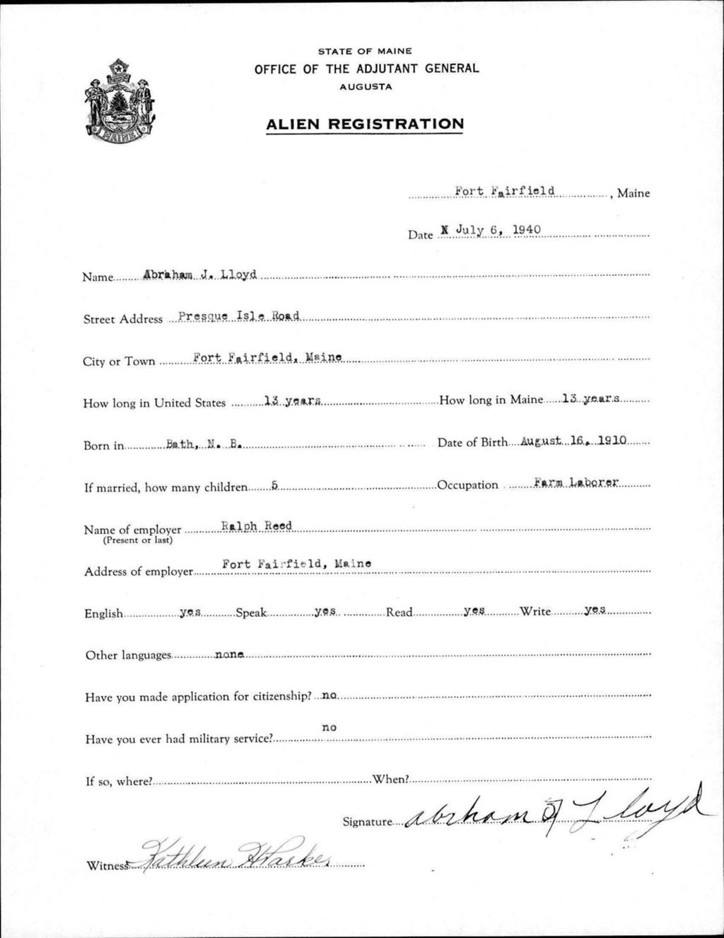 Miniature of Alien Registration- Lloyd, Abraham J. (Fort Fairfield, Aroostook County)