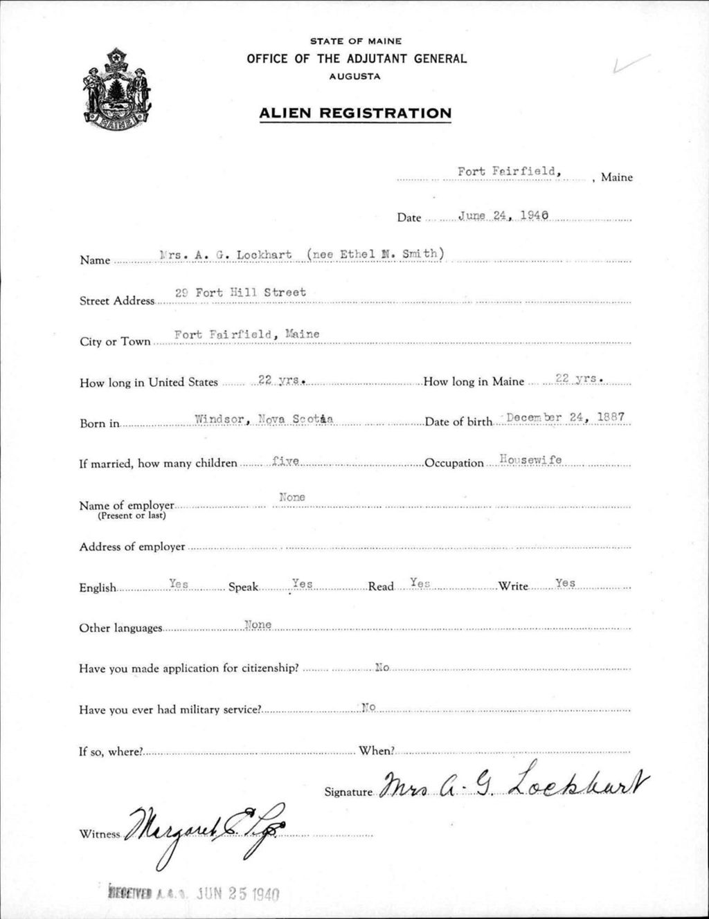 Miniature of Alien Registration- Smith, Ethel N. (Fort Fairfield, Aroostook County)