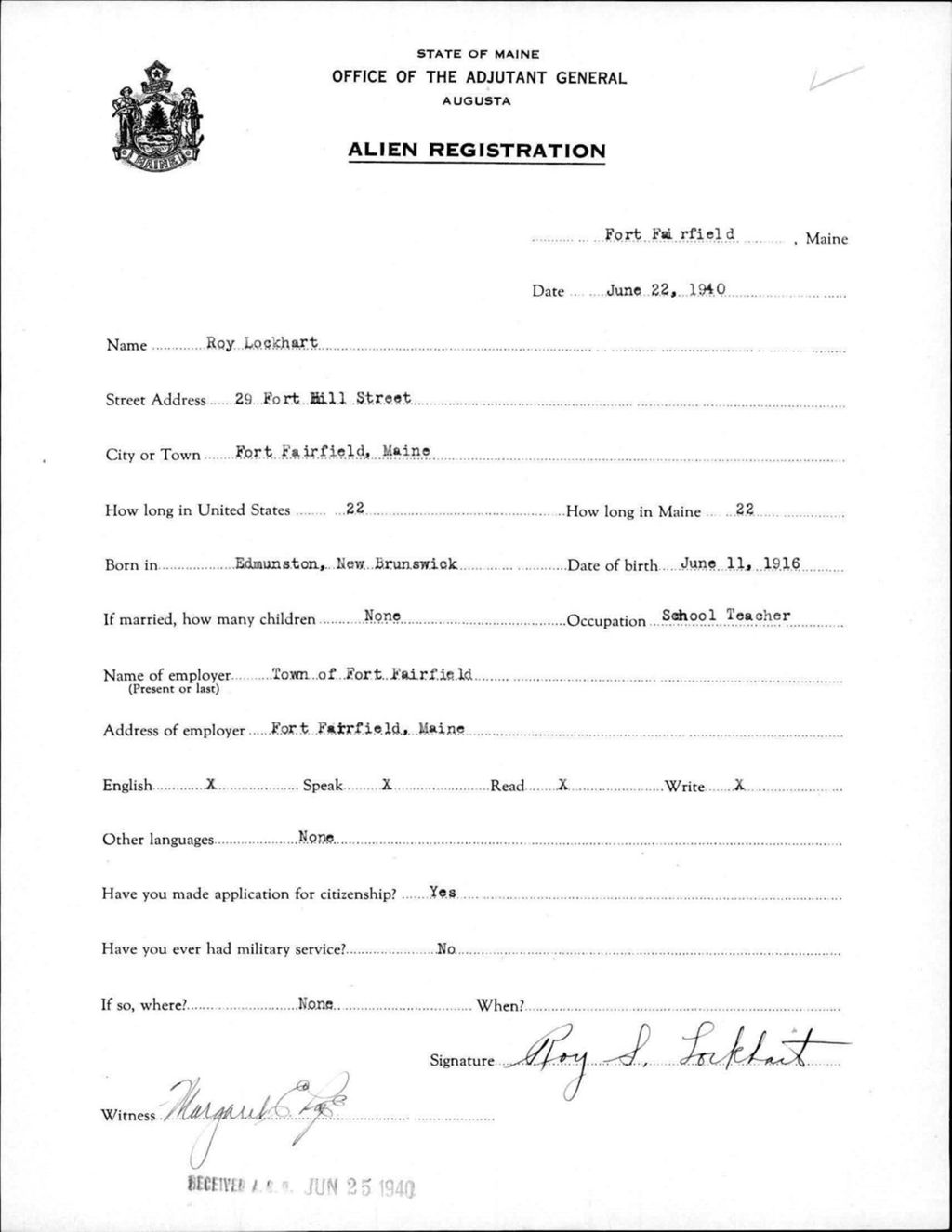 Miniature of Alien Registration- Lockhart, Roy (Fort Fairfield, Aroostook County)