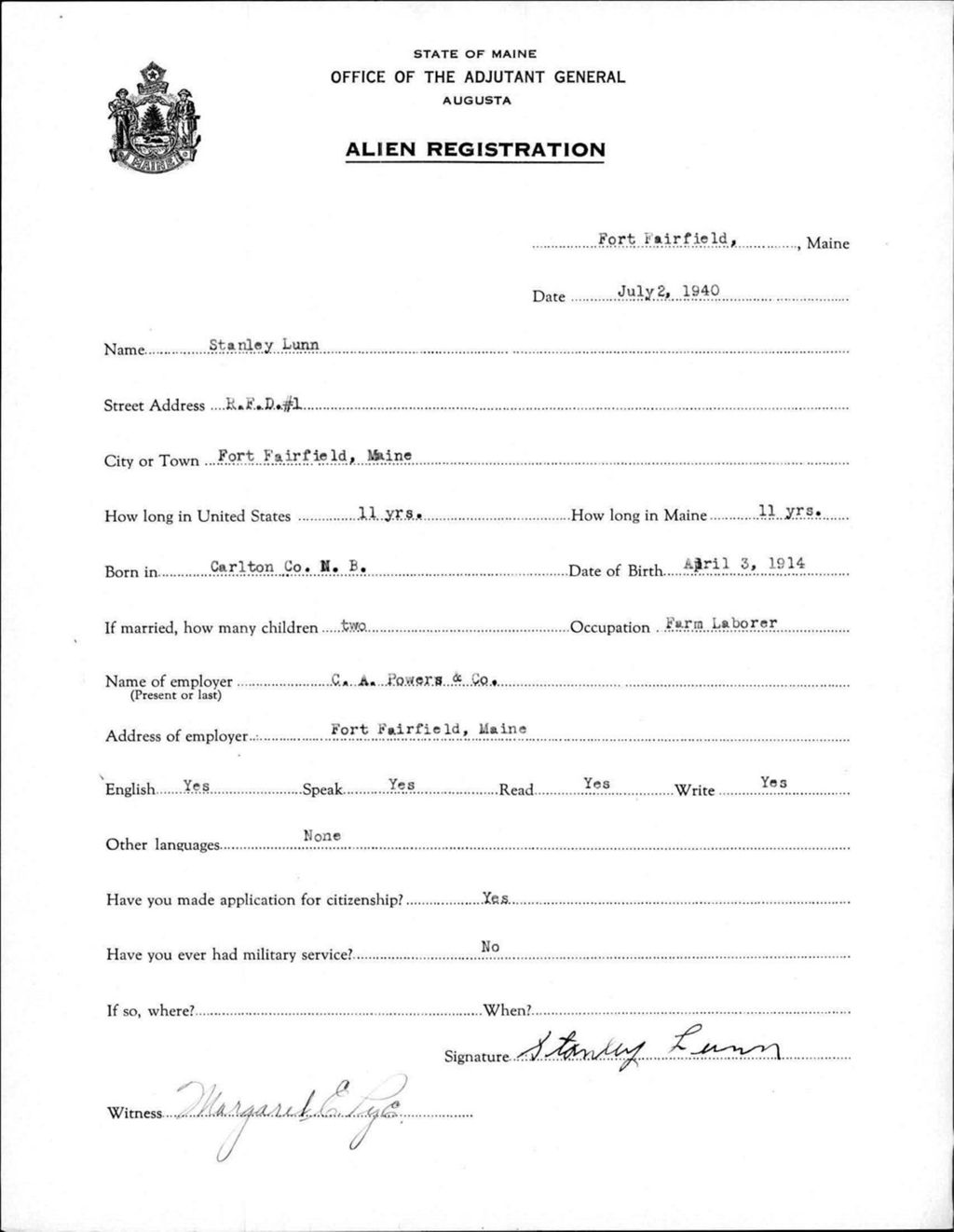 Miniature of Alien Registration- Lunn, Stanley (Fort Fairfield, Aroostook County)