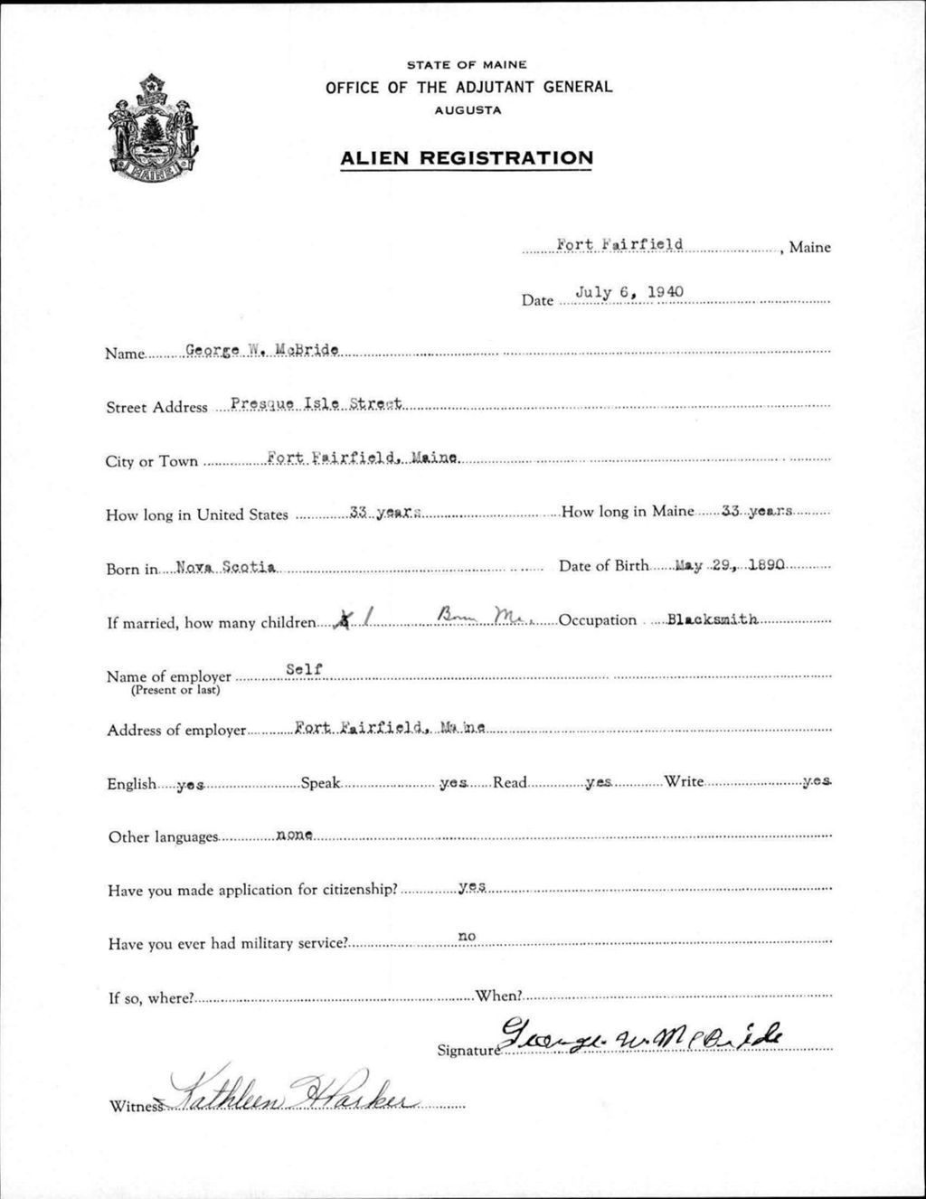 Miniature of Alien Registration- Mcbride, George W. (Fort Fairfield, Aroostook County)