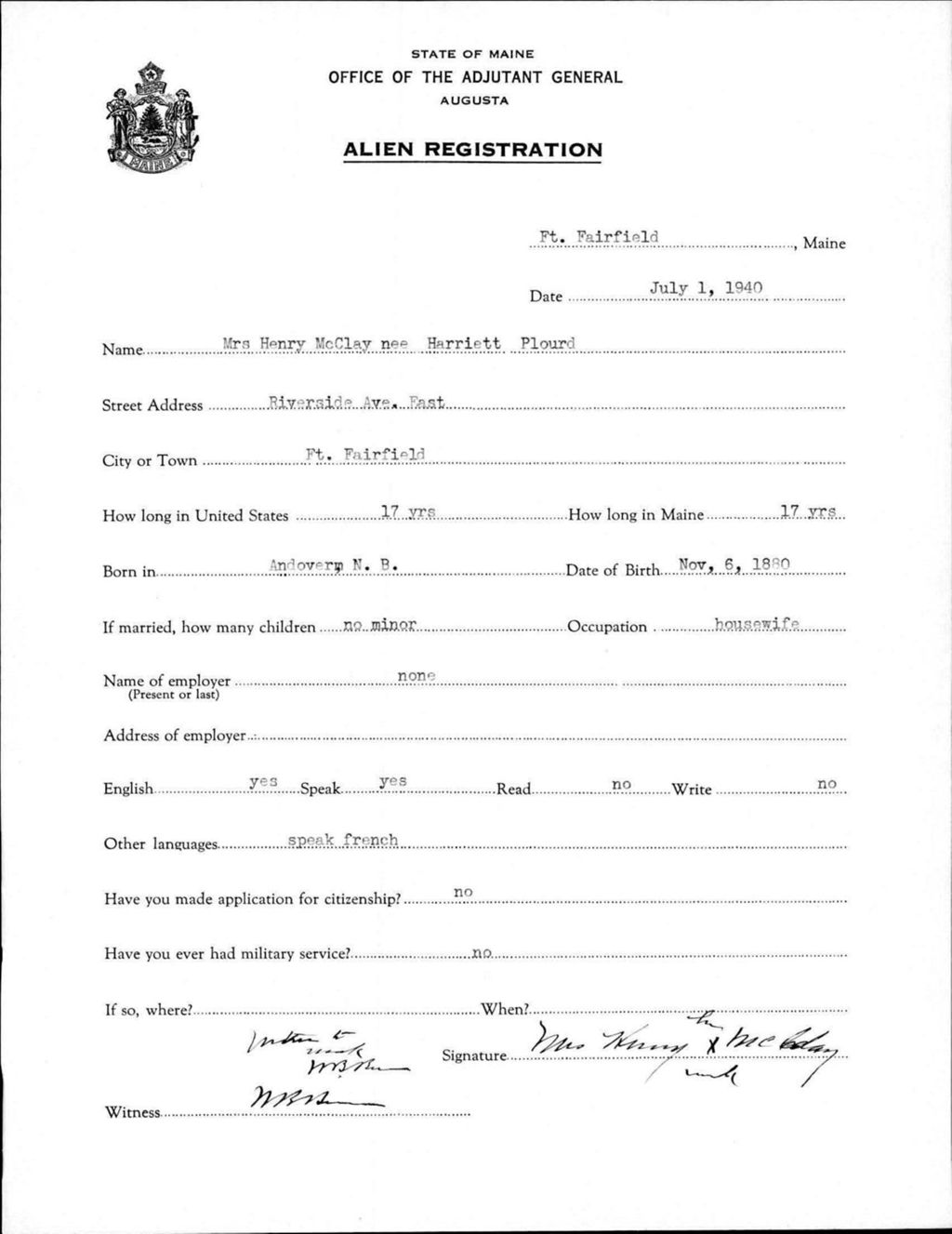 Miniature of Alien Registration- Plourd, Harriett (Fort Fairfield, Aroostook County)
