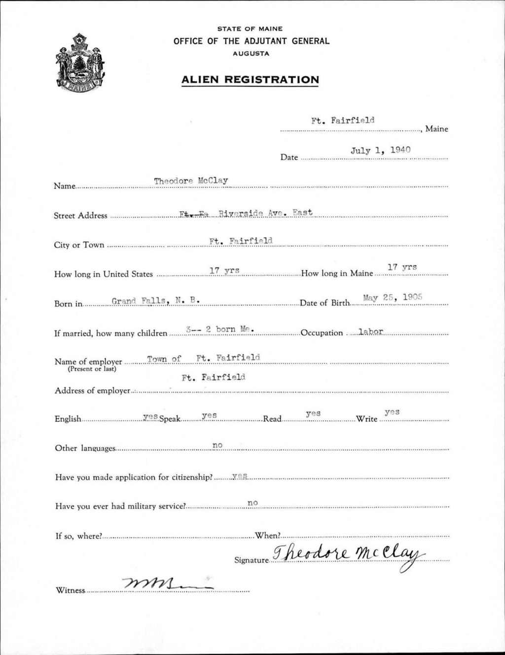 Miniature of Alien Registration- Mcclay, Theodore (Fort Fairfield, Aroostook County)