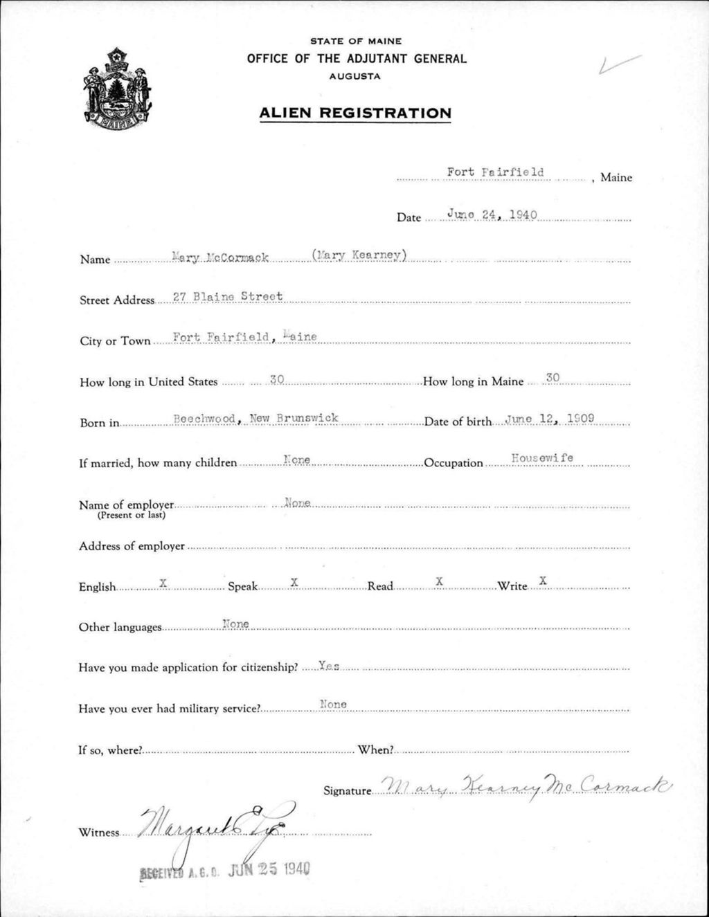 Miniature of Alien Registration- Kearney, Mary (Fort Fairfield, Aroostook County)