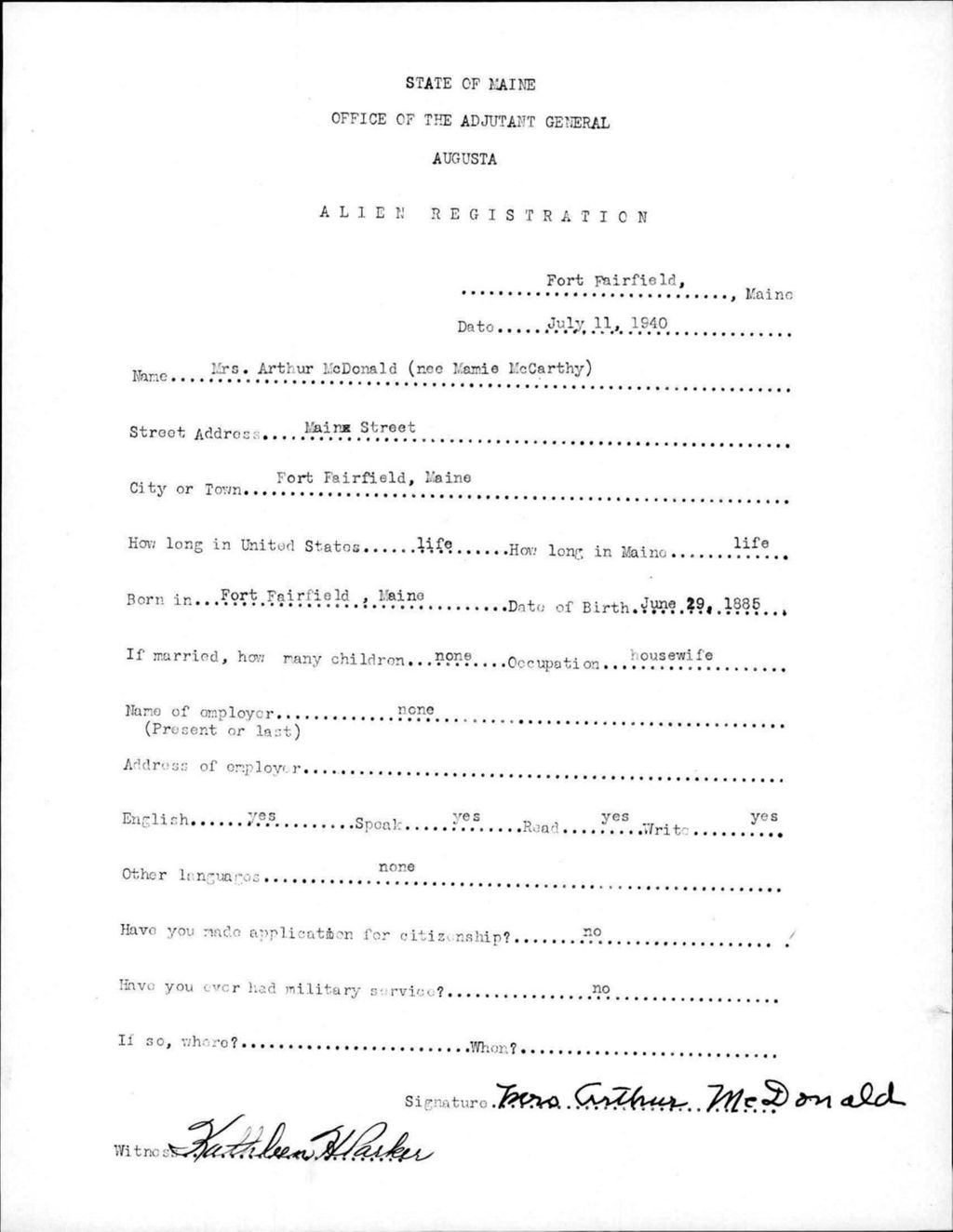 Miniature of Alien Registration- Mccarthy, Mamie (Fort Fairfield, Aroostook County)