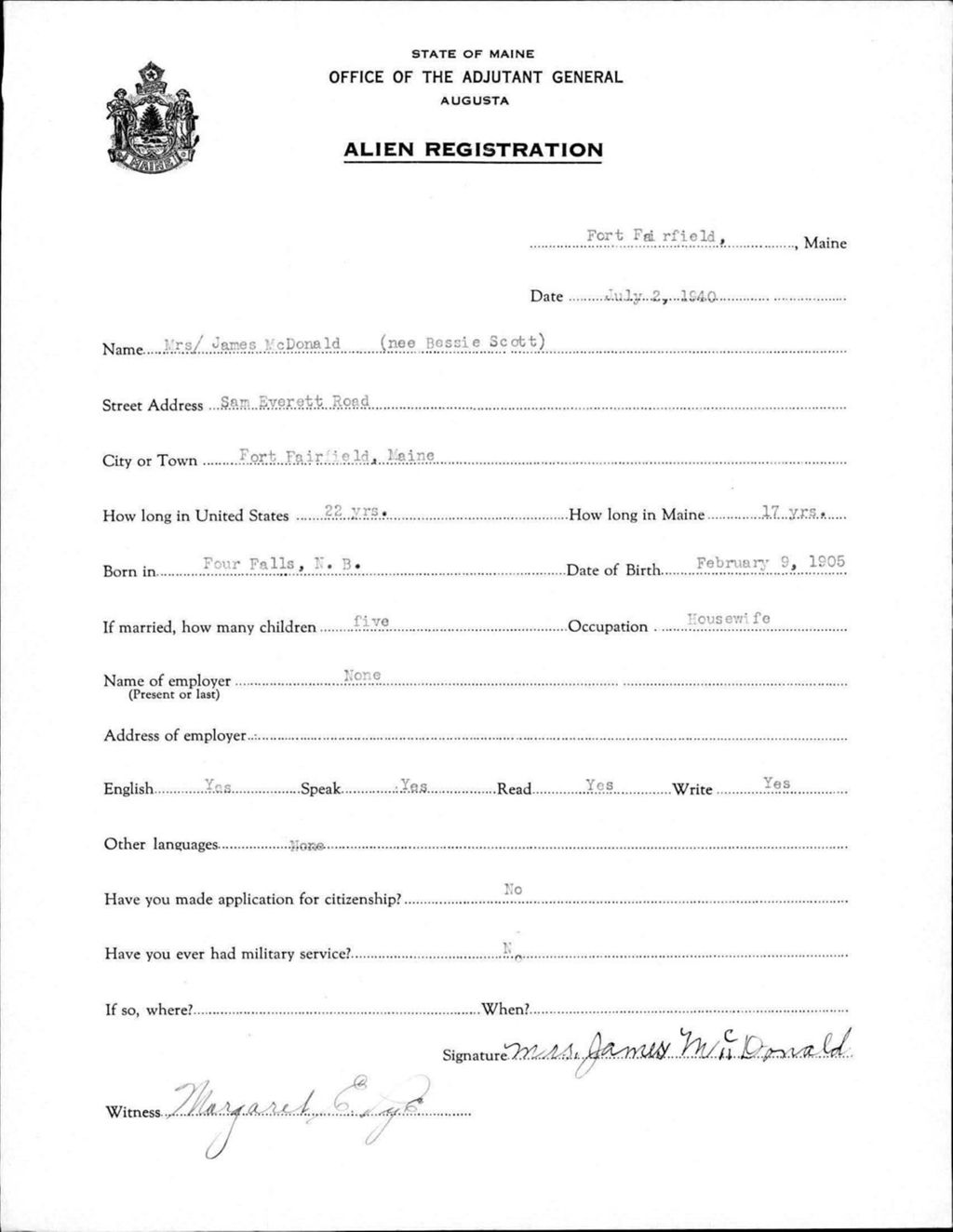 Miniature of Alien Registration- Scott, Bessie (Fort Fairfield, Aroostook County)