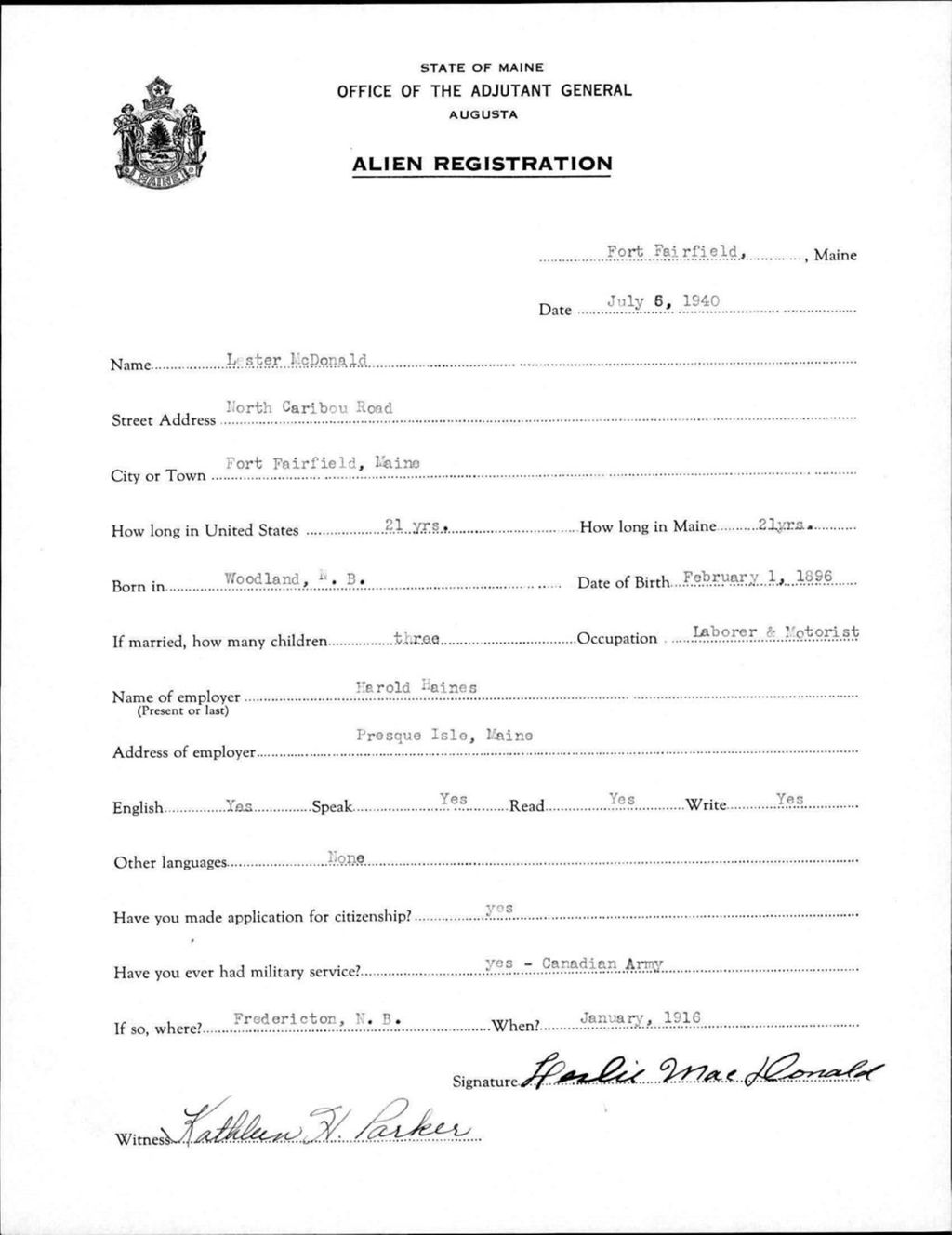 Miniature of Alien Registration- Mcdonald, Lester (Fort Fairfield, Aroostook County)