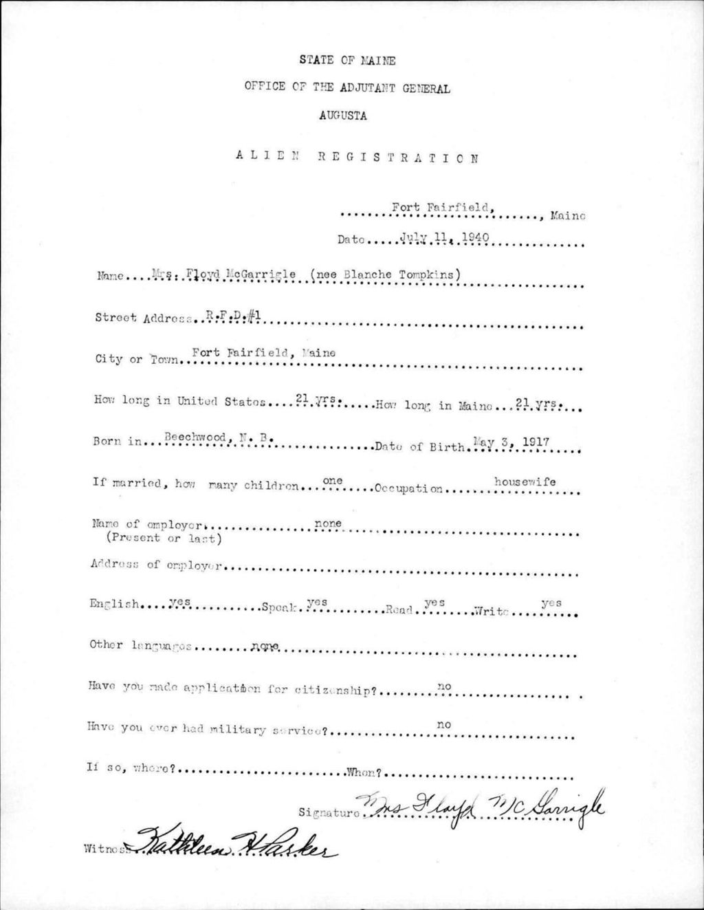 Miniature of Alien Registration- Tompkins, Blanche (Fort Fairfield, Aroostook County)